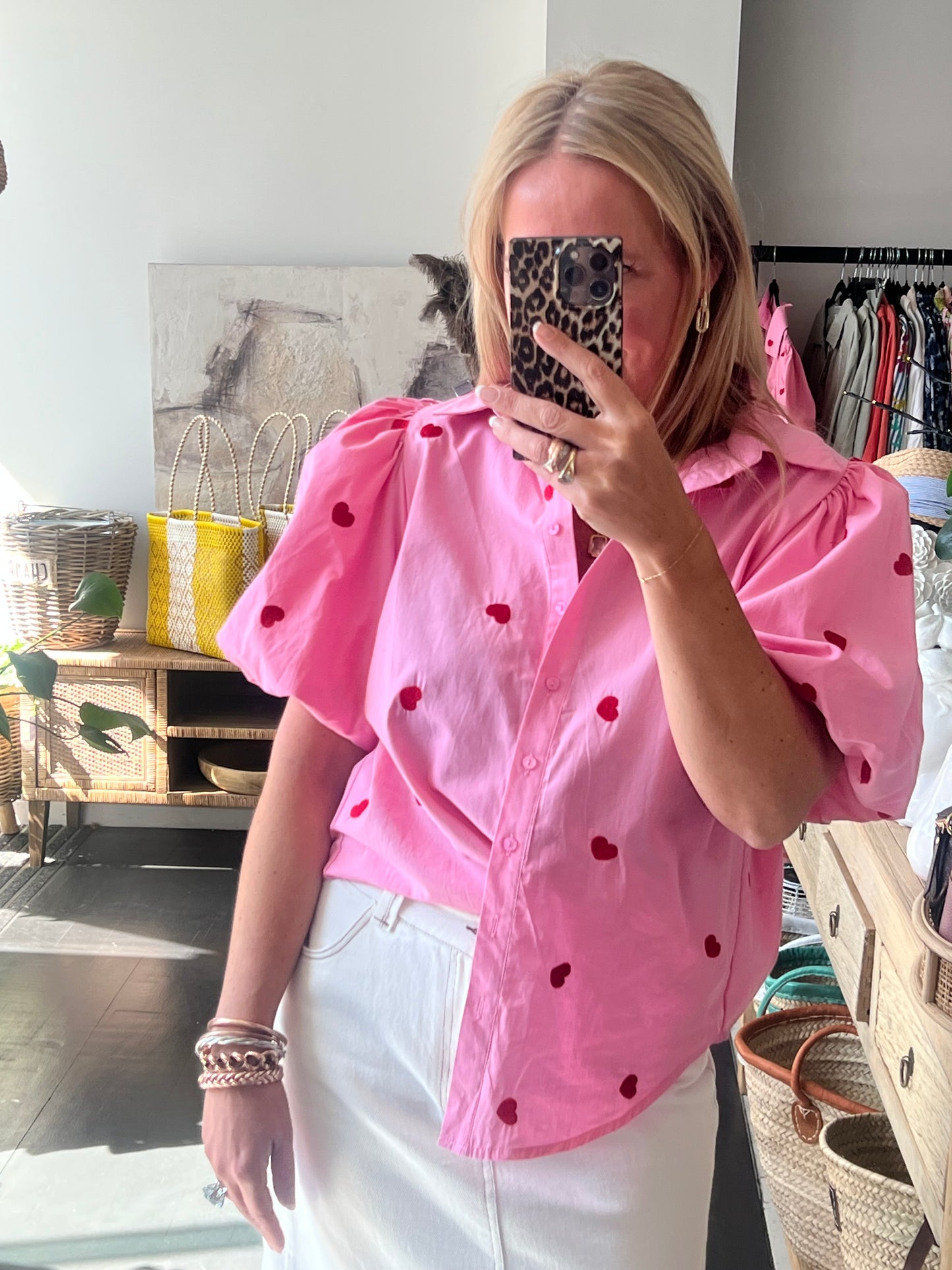 Hearts Puff Sleeve Cotton Shirt Top