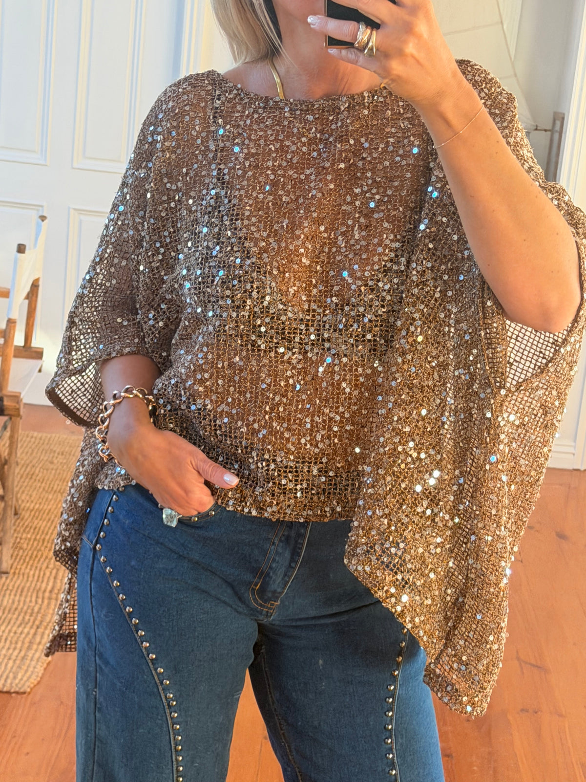 Twinkle Top - sequin khaki bronze