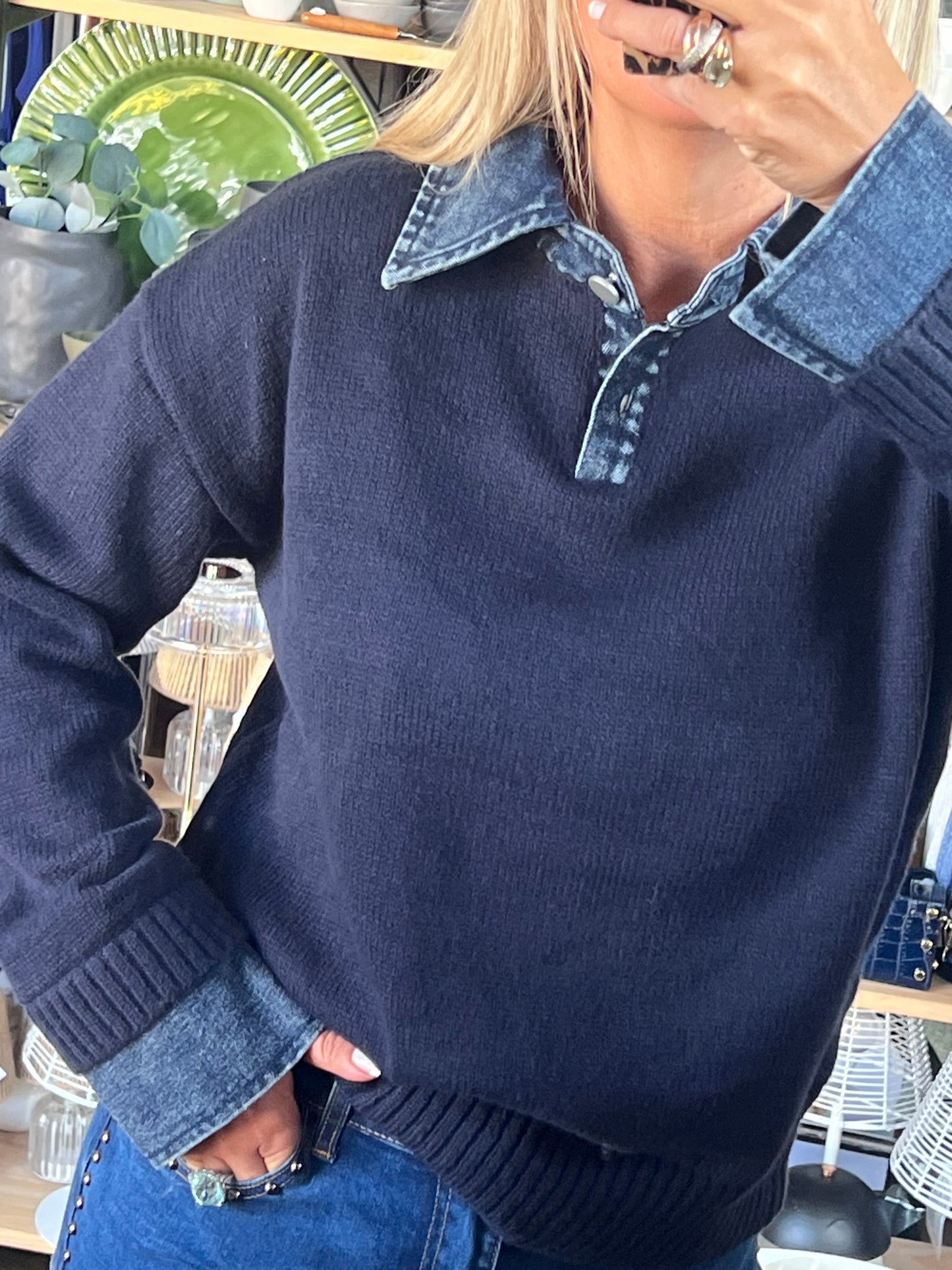 Denim Collar & Cuff Polo Knit