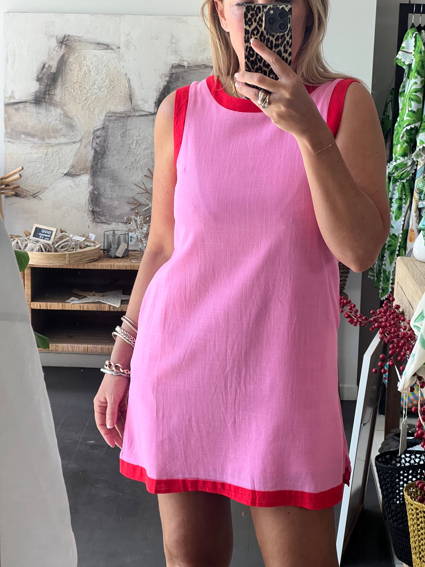 Sleeveless Shift Linen Dress - pink