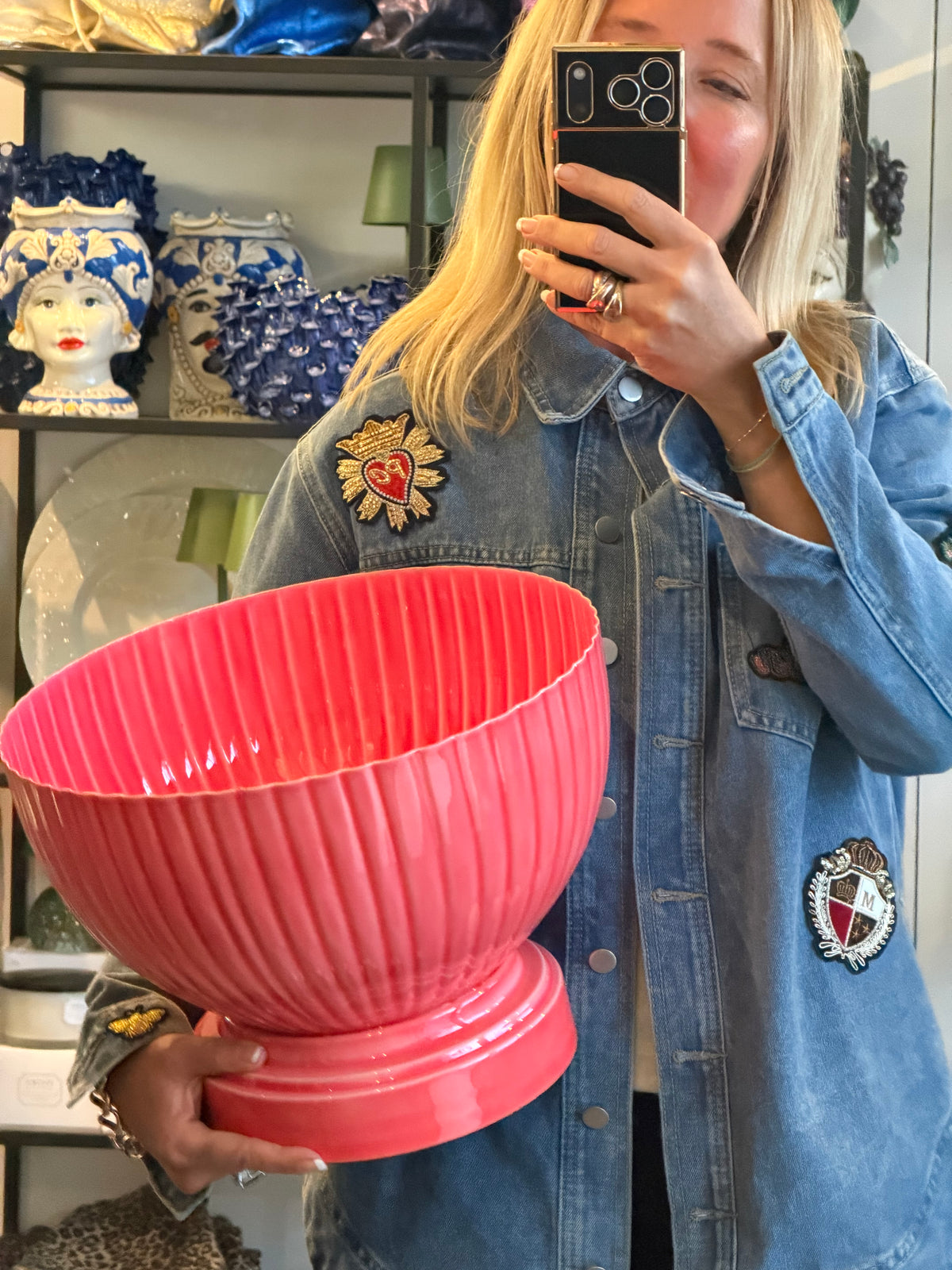 XL Footed Glazed Tin Ice Bucket- pink