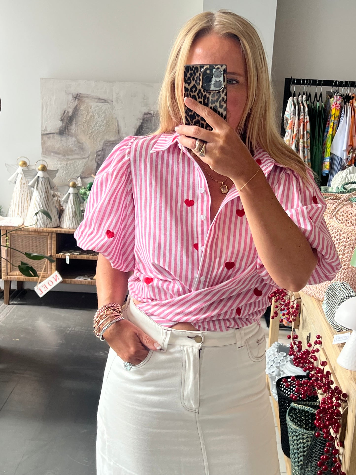 Hearts Puff Sleeve Cotton Shirt Top- pink