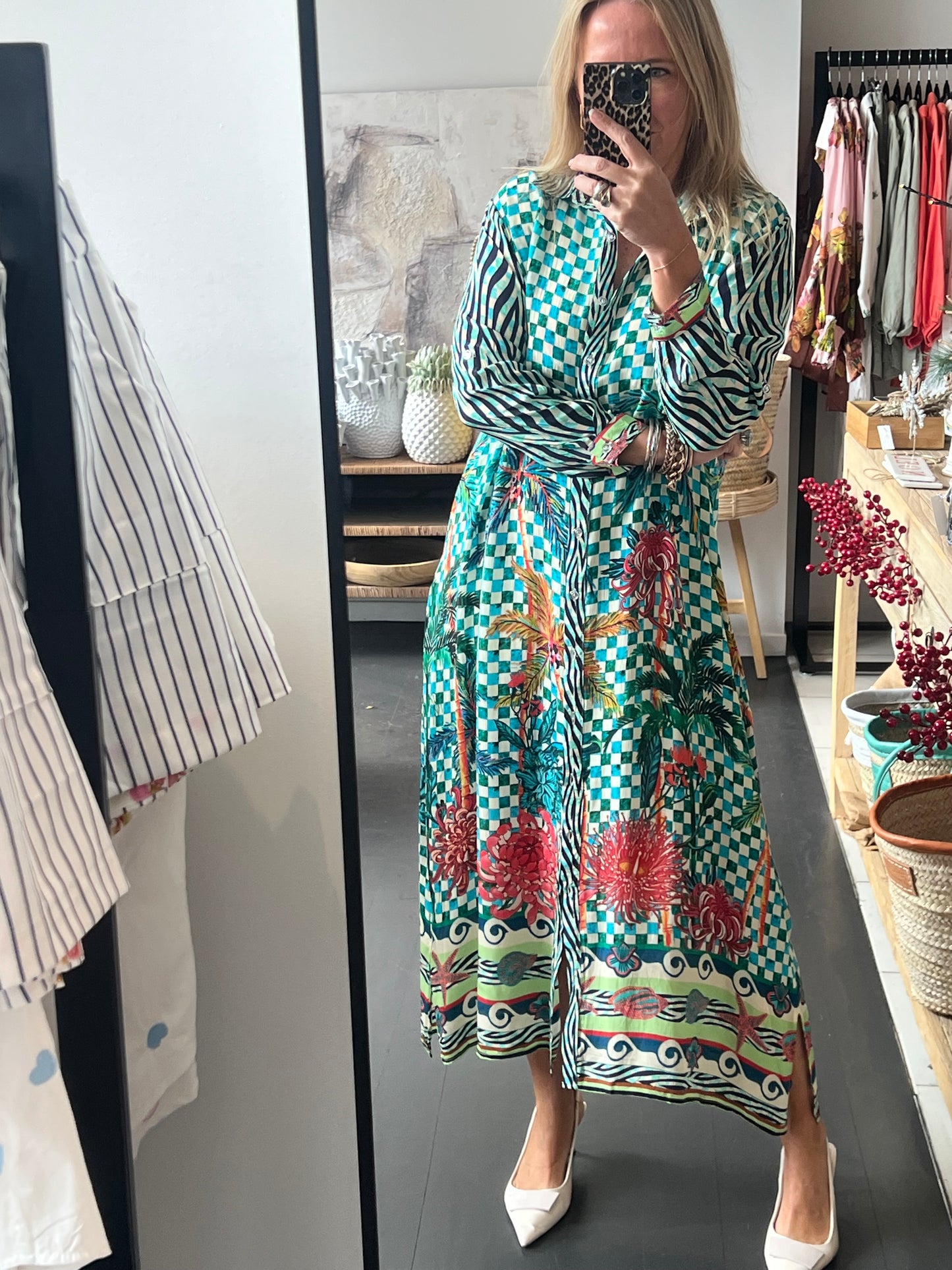 Slinky Floral Resort Shirt Dress -aqua