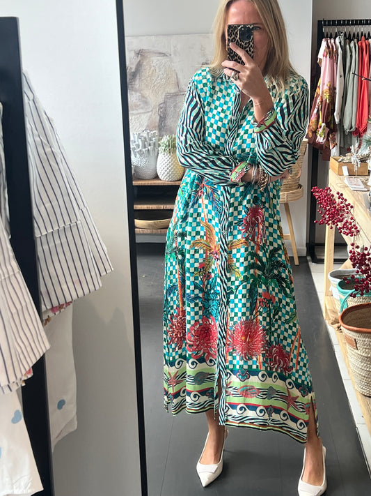 Slinky Floral Resort Shirt Dress -aqua