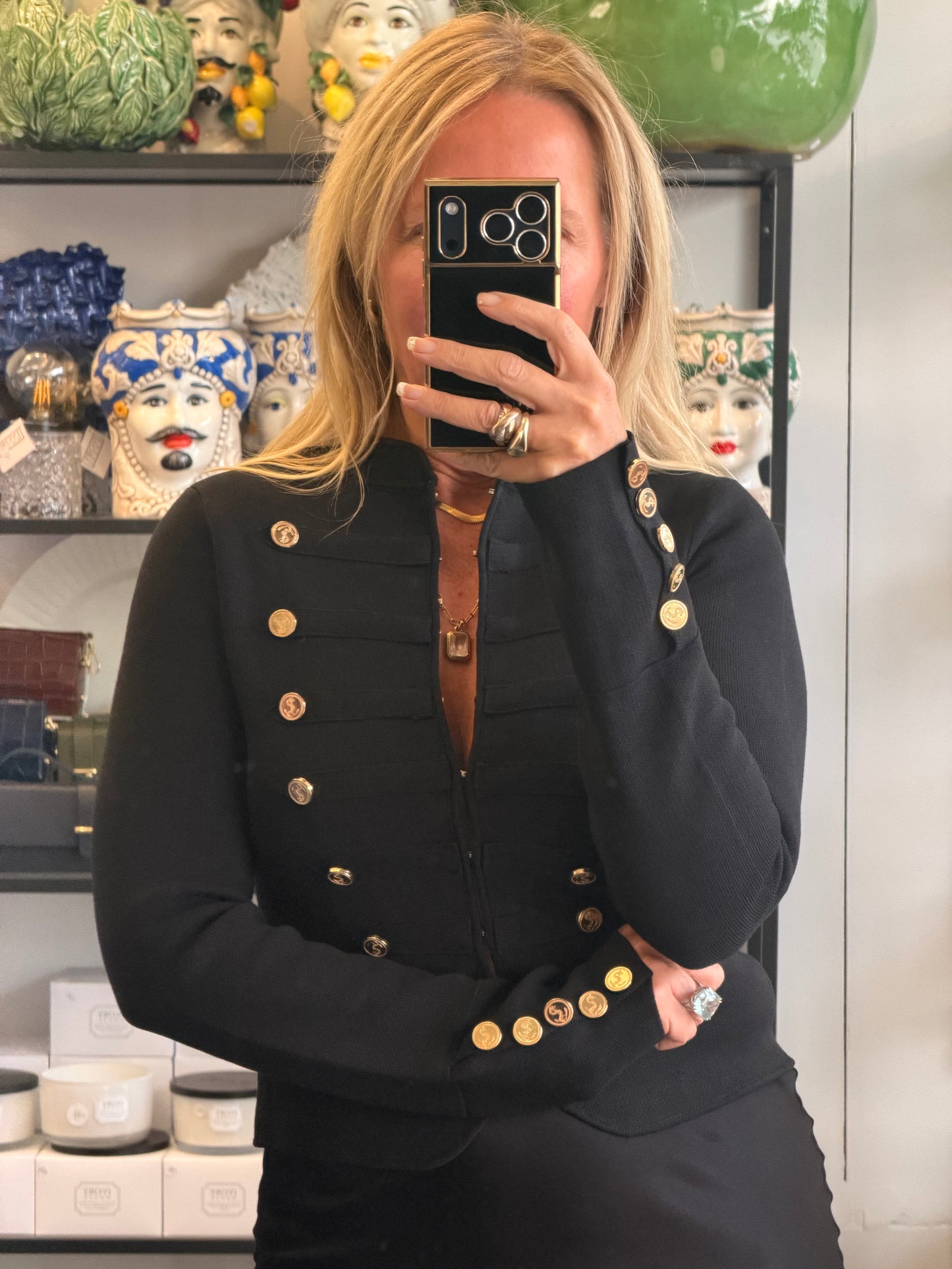 Crepe Knit Military Jacket-  black