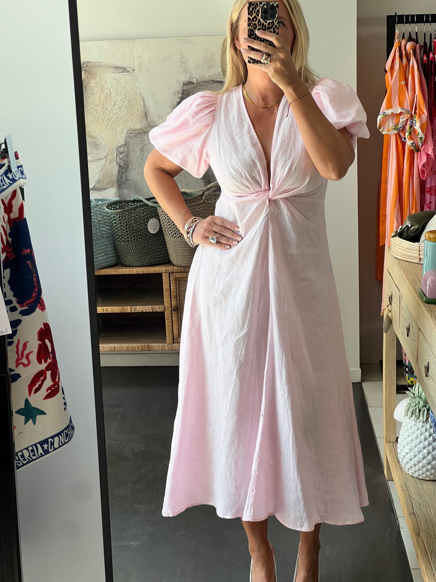 Puff Sleeve Midi Dress -pink
