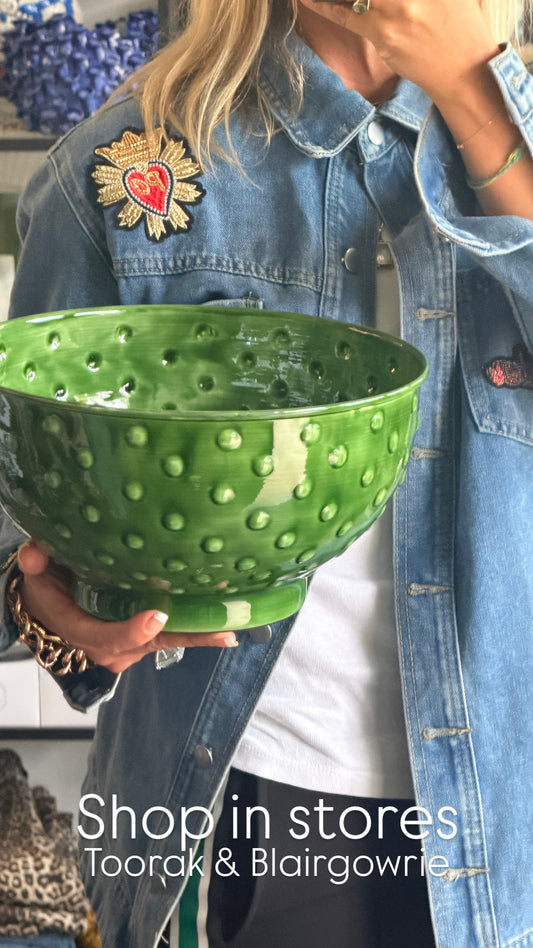 Footed Glazed Tin Bowl- green