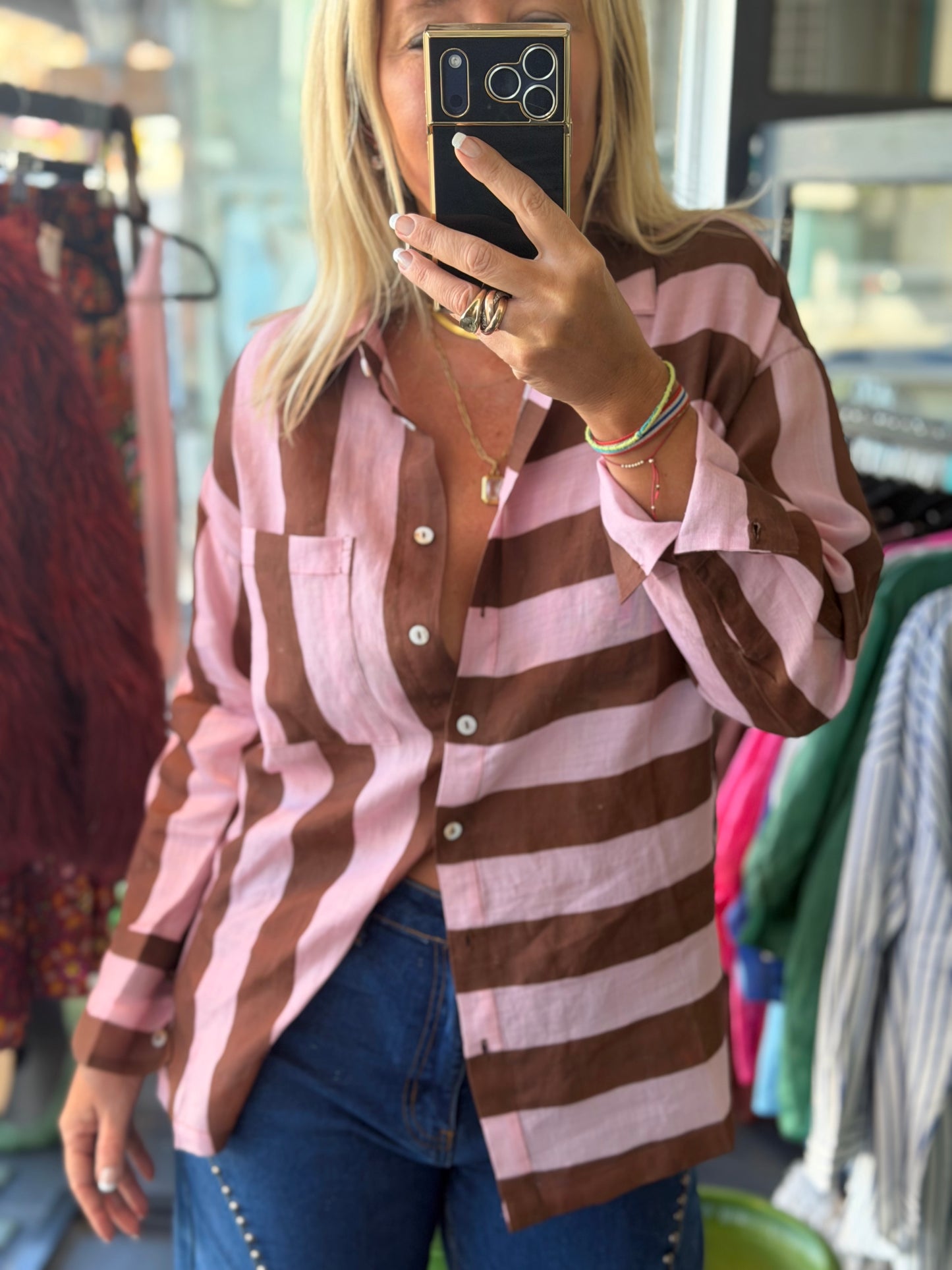 Riviera Stripe LInen Shirt - pink & tan
