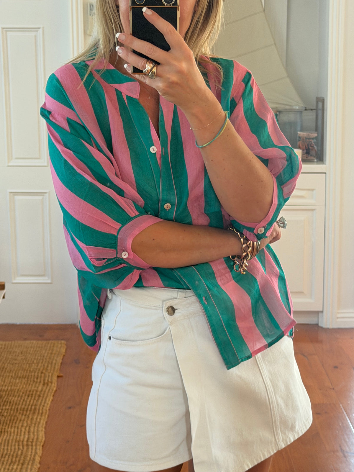 St Tropez Stripe Linen Shirt - pink & green