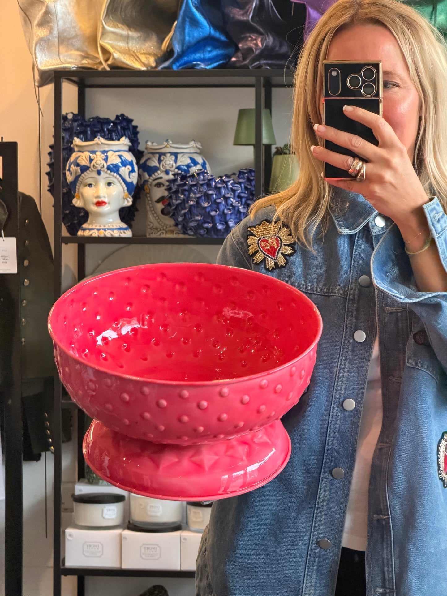 XL Footed Glazed Tin Fruit Bowl-  pink