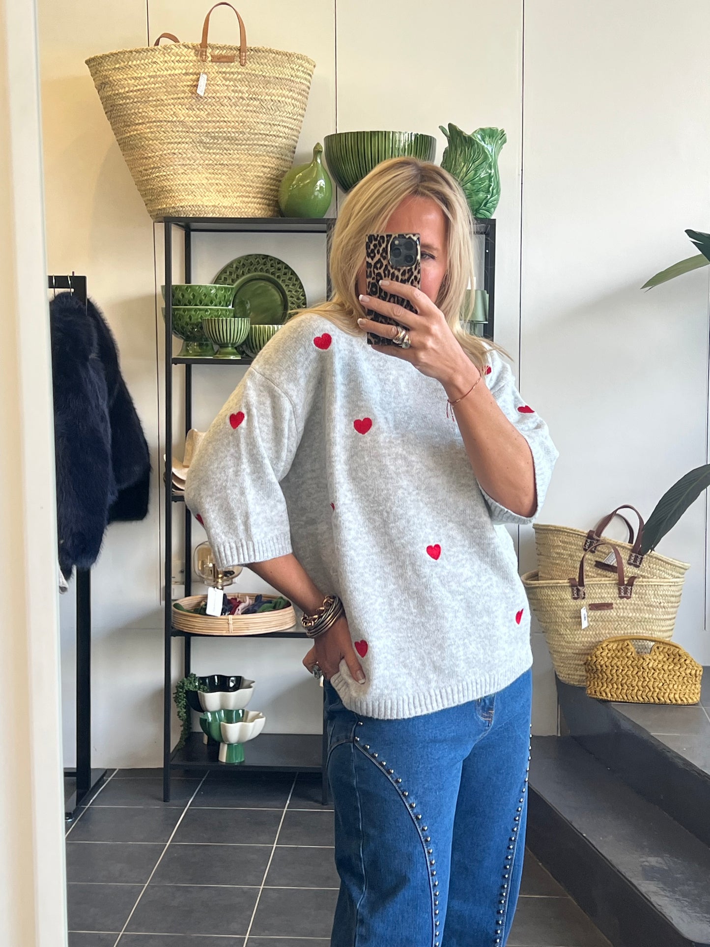 Heart Knit 3/4 Sleeve Top - grey