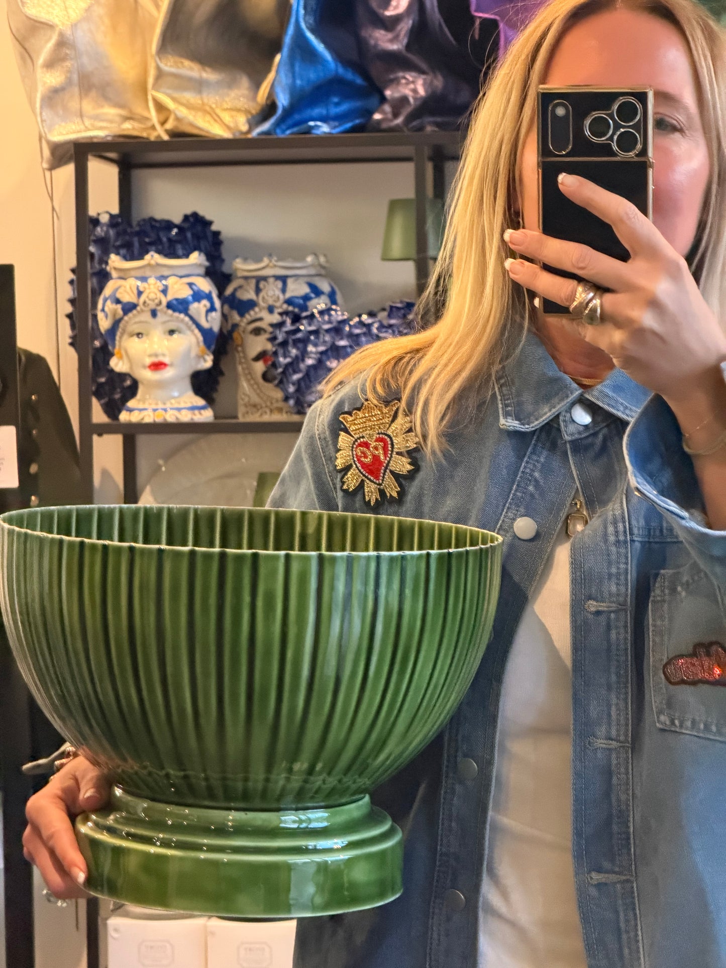XL Footed Glazed Tin Ice Bucket- green
