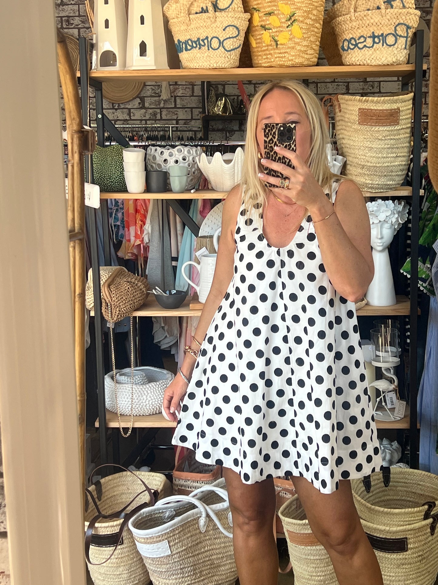 Polka Dot Sleeveless Scoop Neck Swing Shift Dress