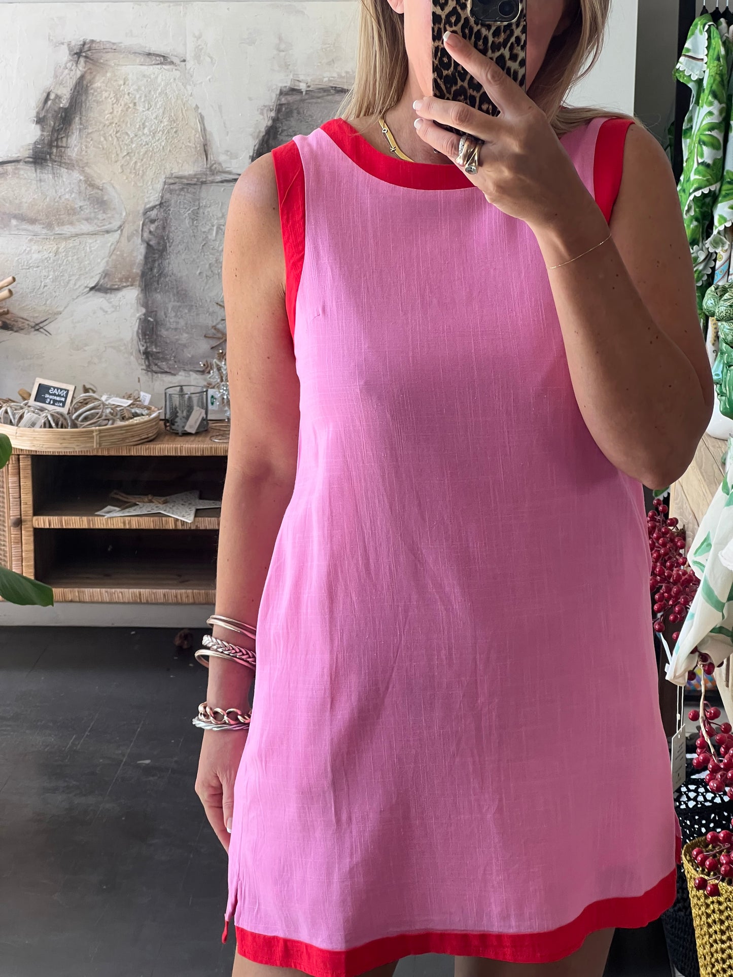 Sleeveless Shift Linen Dress - pink