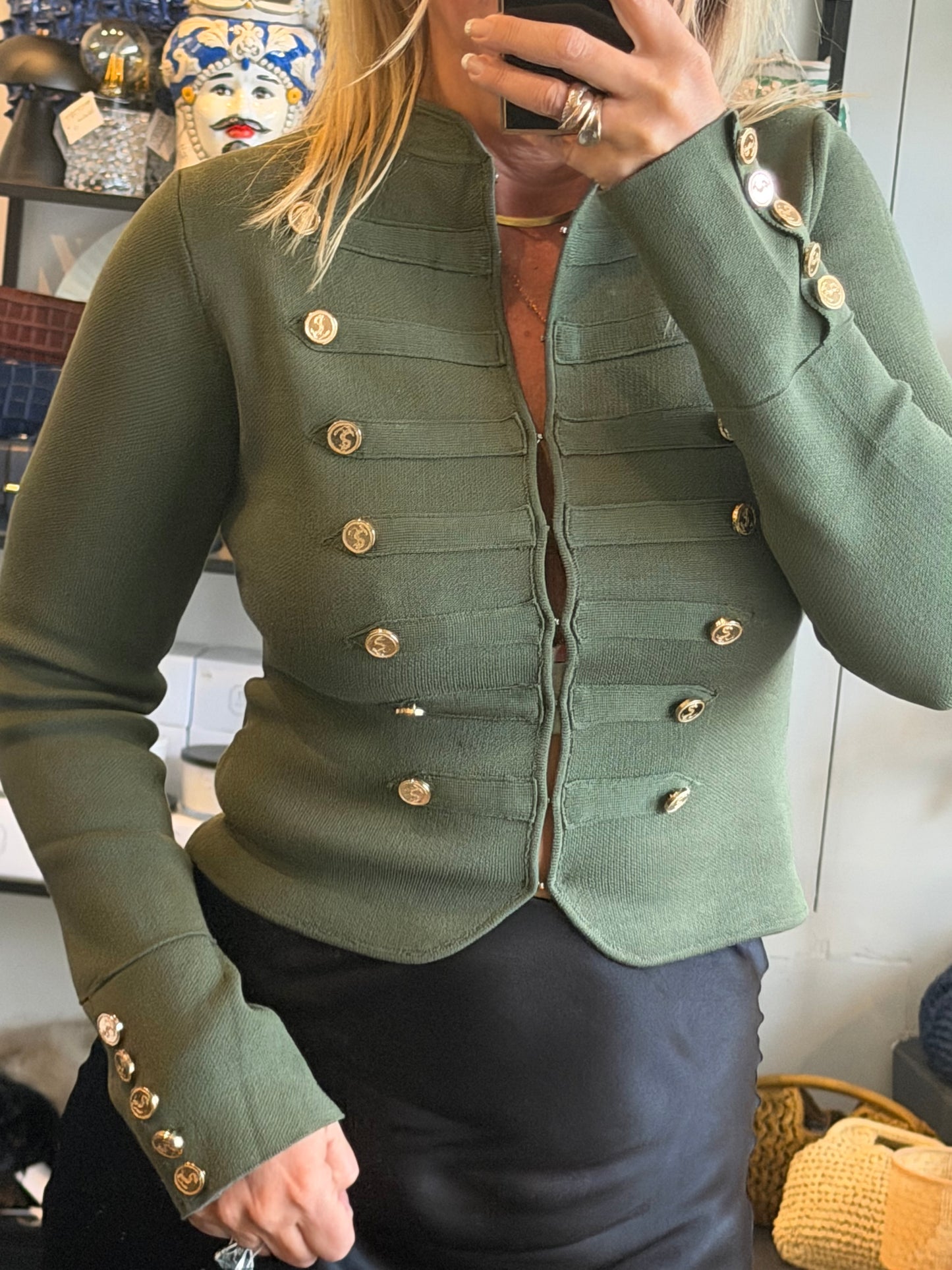 Crepe Knit Military Jacket-  khaki