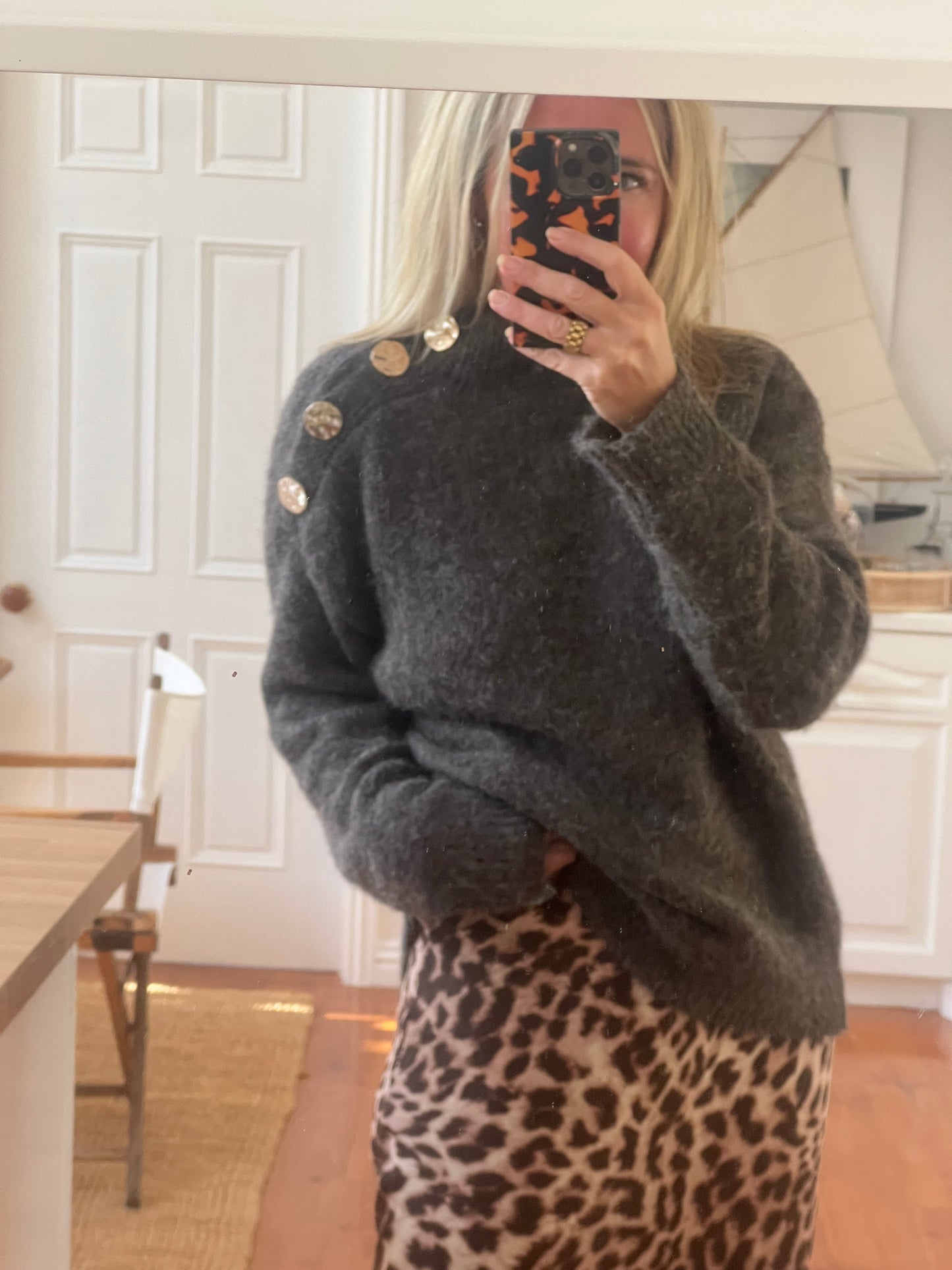 Gold Button Neck Jumper - chocolate brown