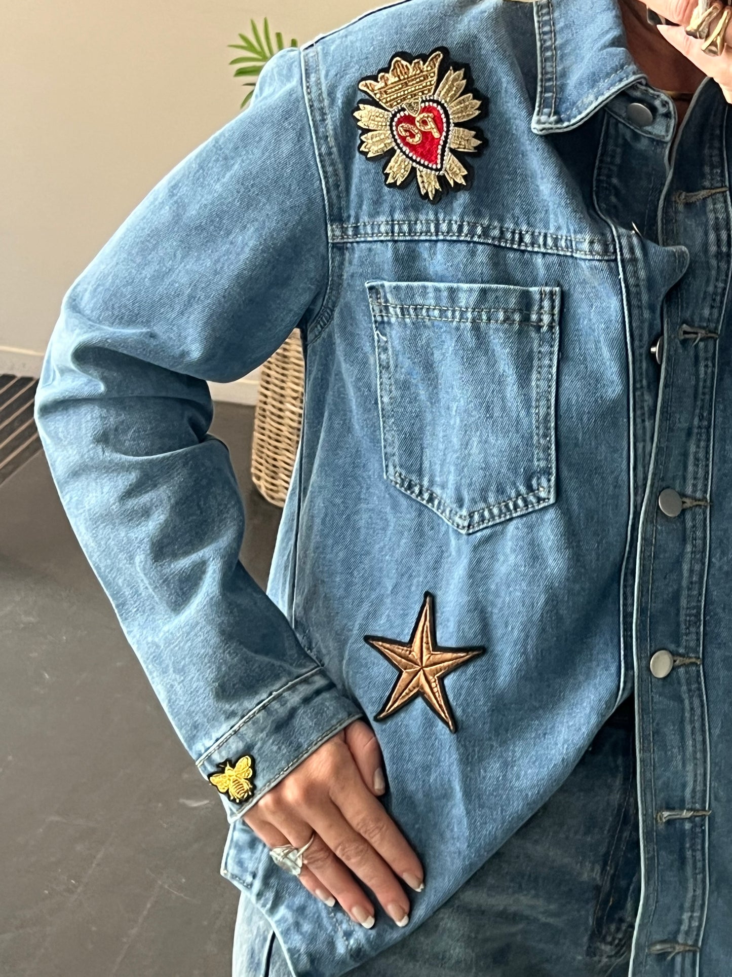 Denim French Bee Appliqué Patch Shirt Jacket
