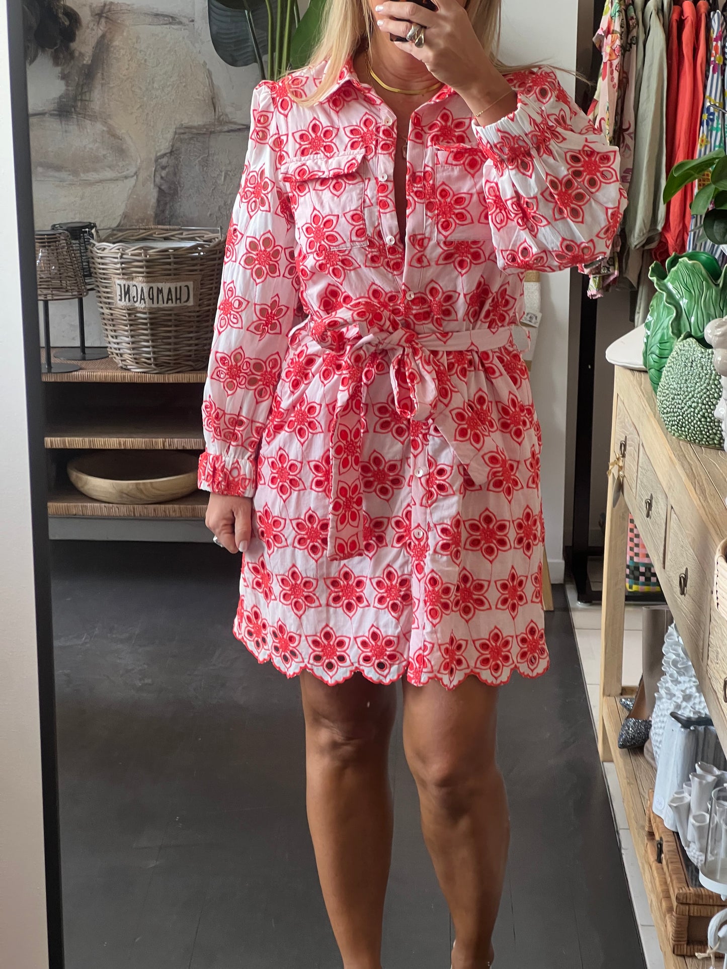 Broderie Anglaise Shirt Dress- red