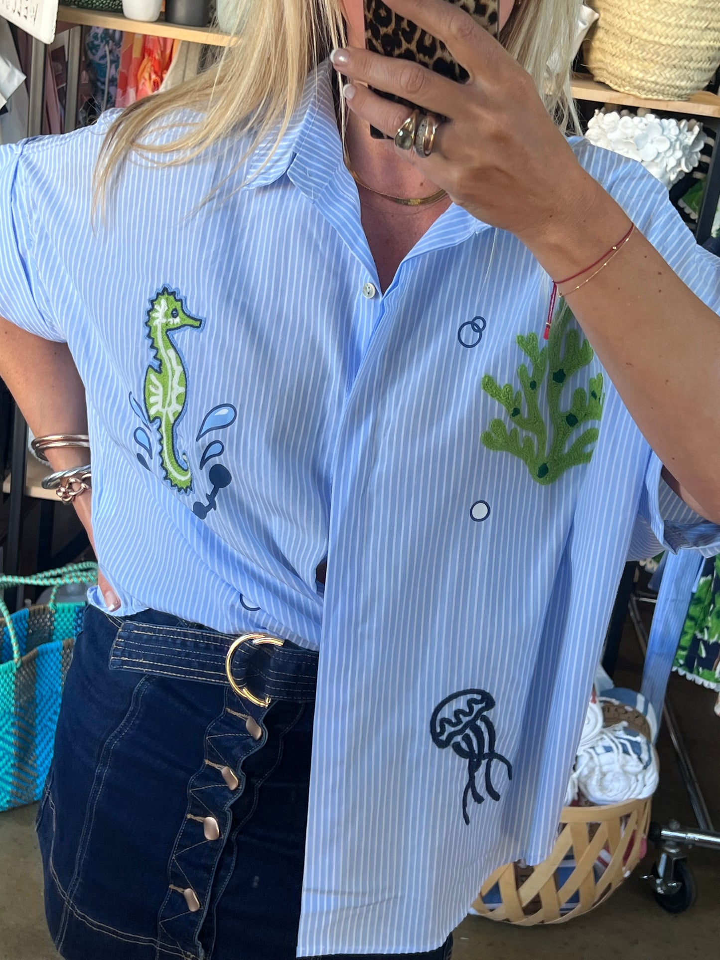 Embroidered Seahorse Shirt Top