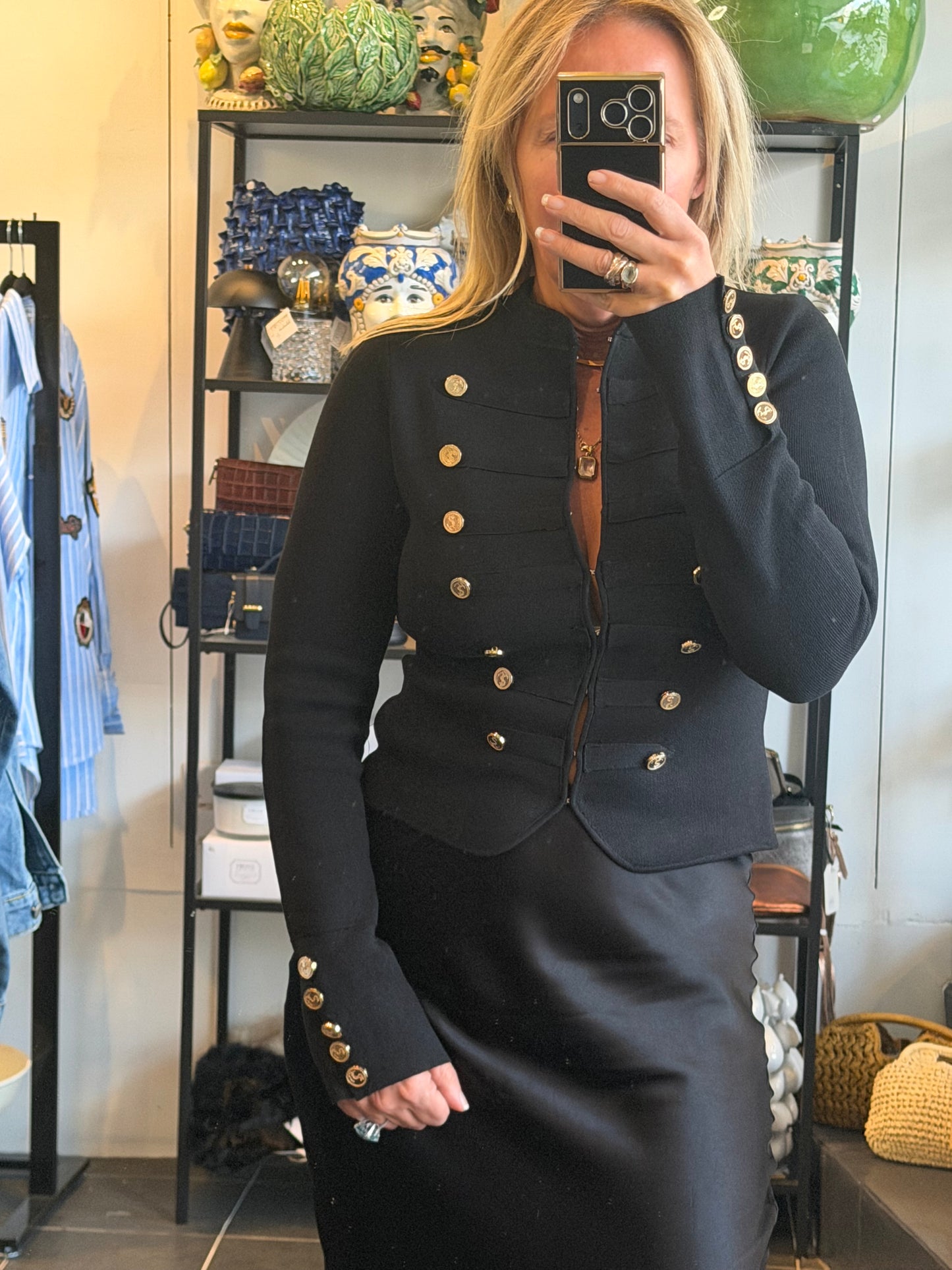 Crepe Knit Military Jacket-  black
