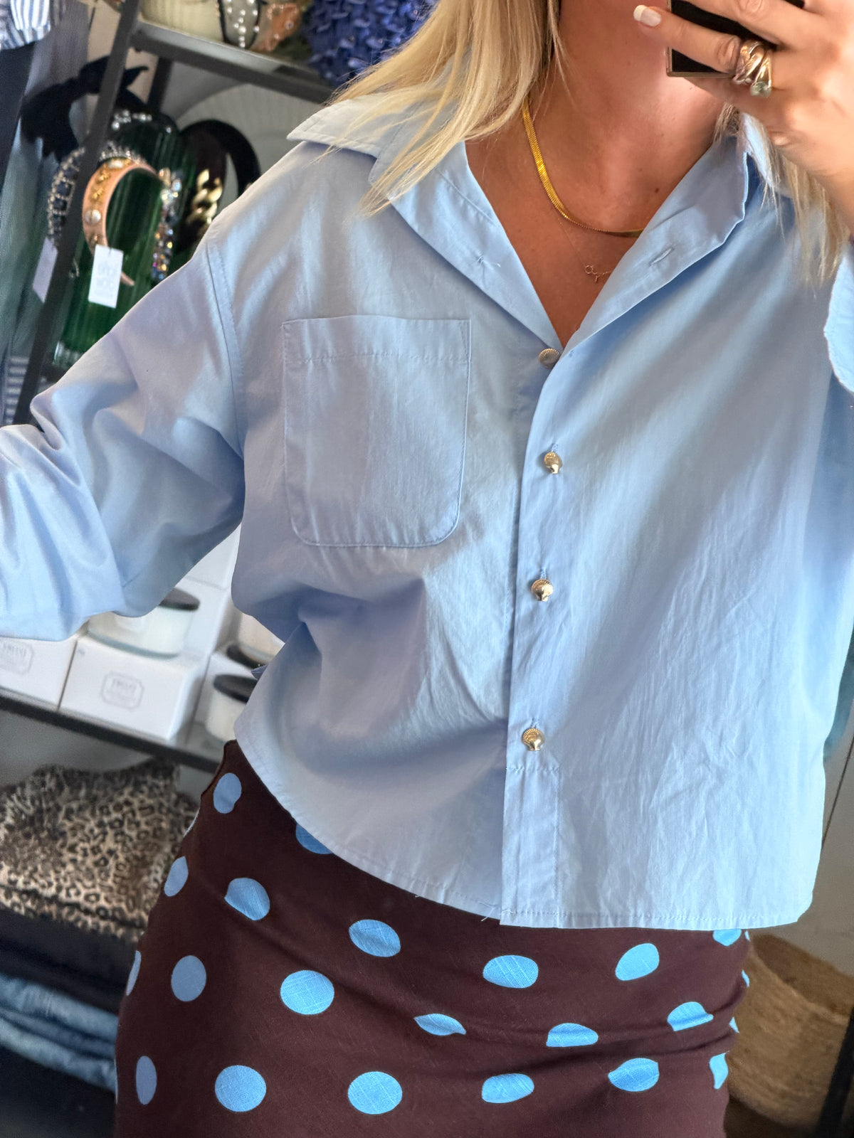 Crop Cotton Shirt Top- blue