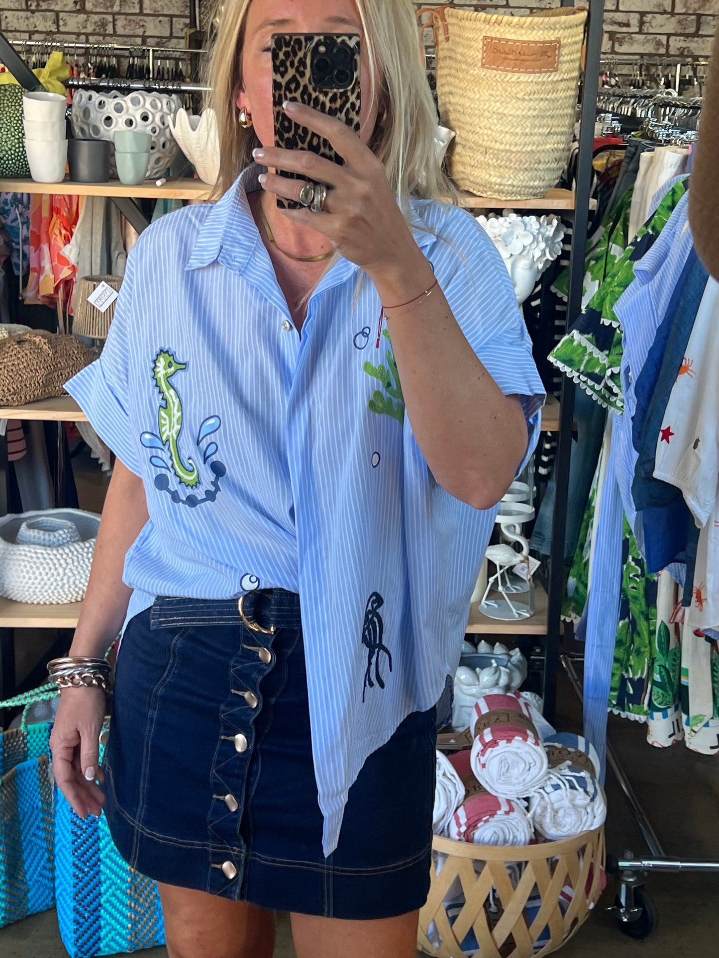 Embroidered Seahorse Shirt Top