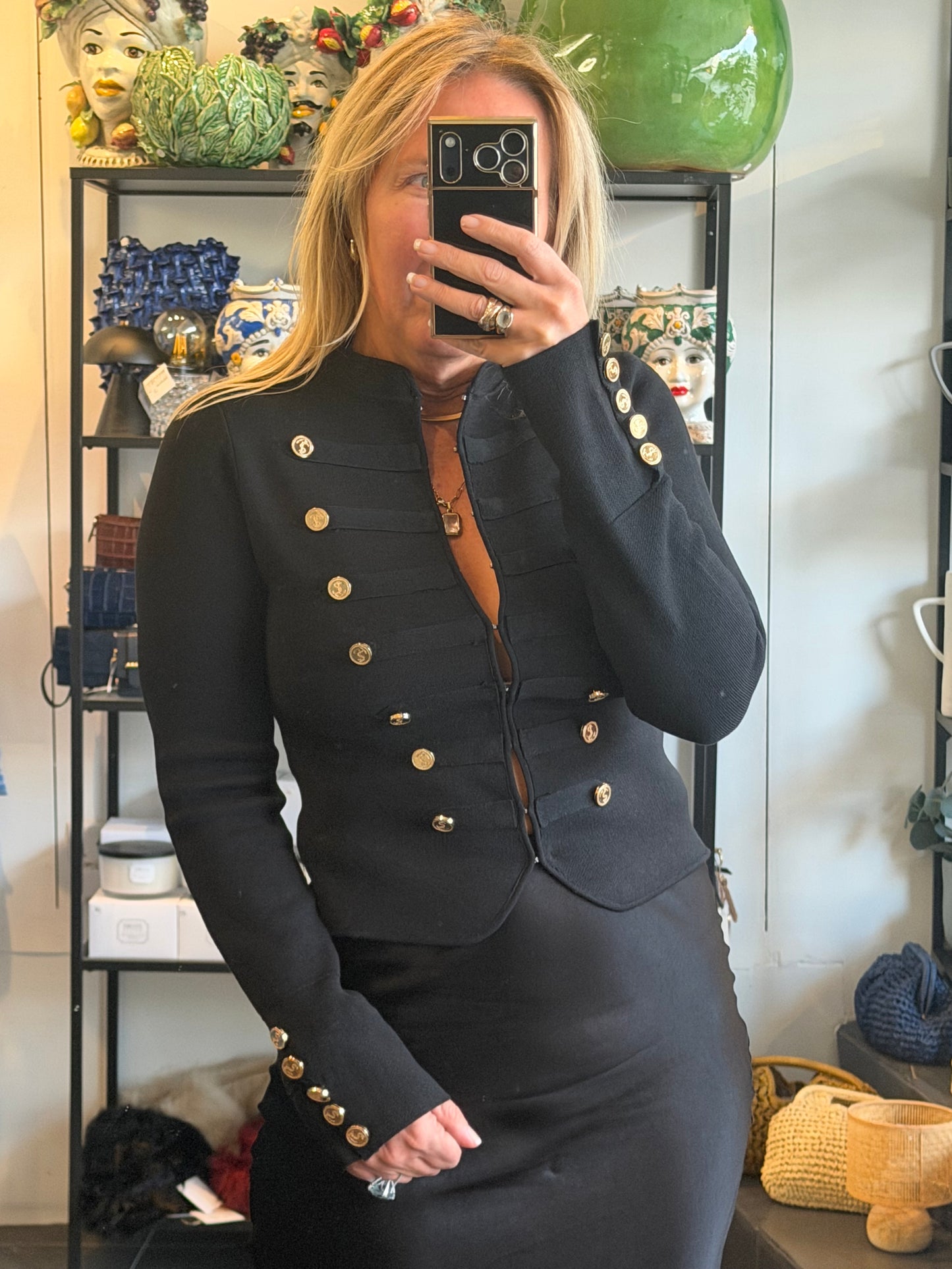 Crepe Knit Military Jacket-  black