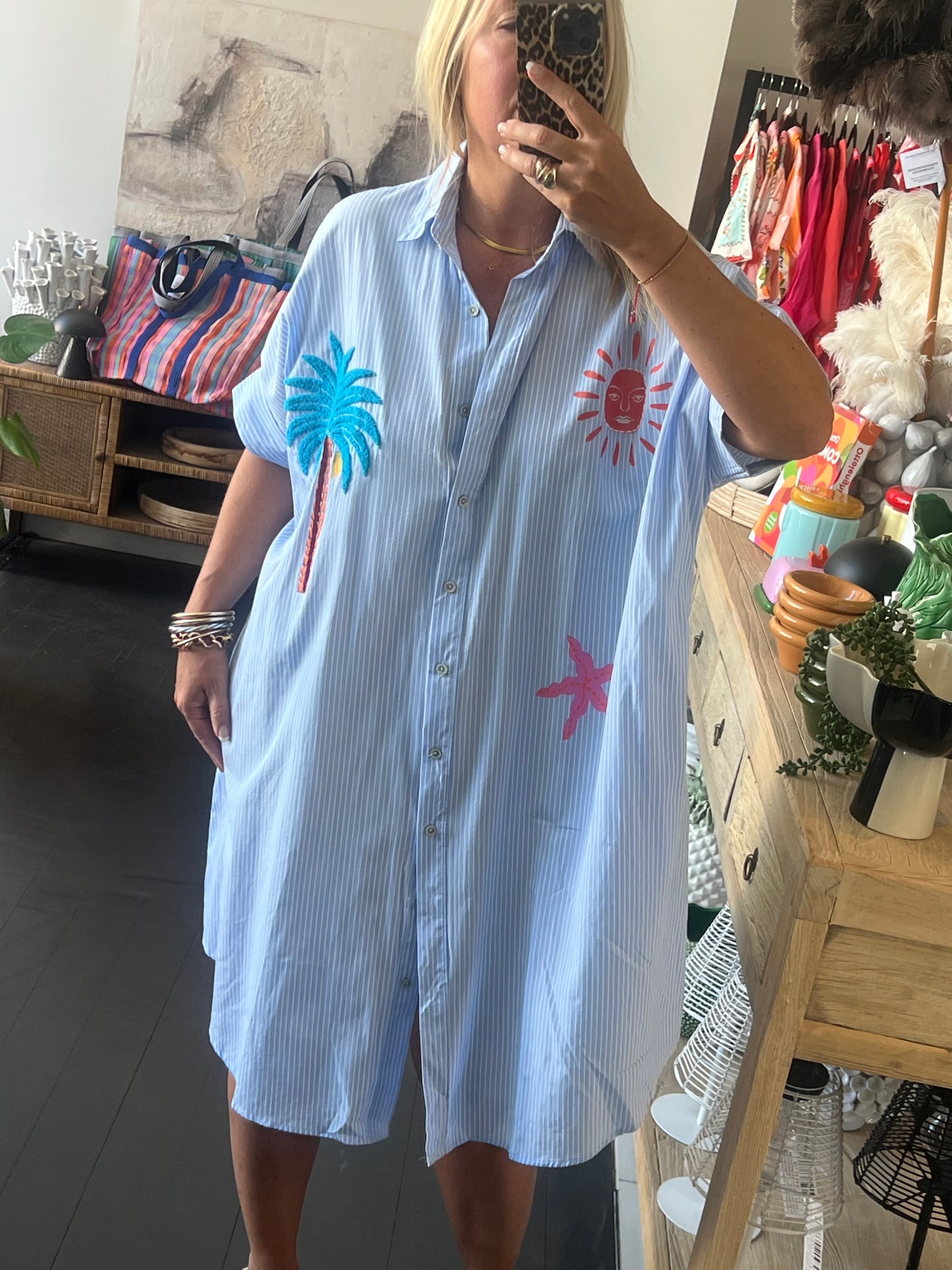 Embroidered Palm Shirt Dress