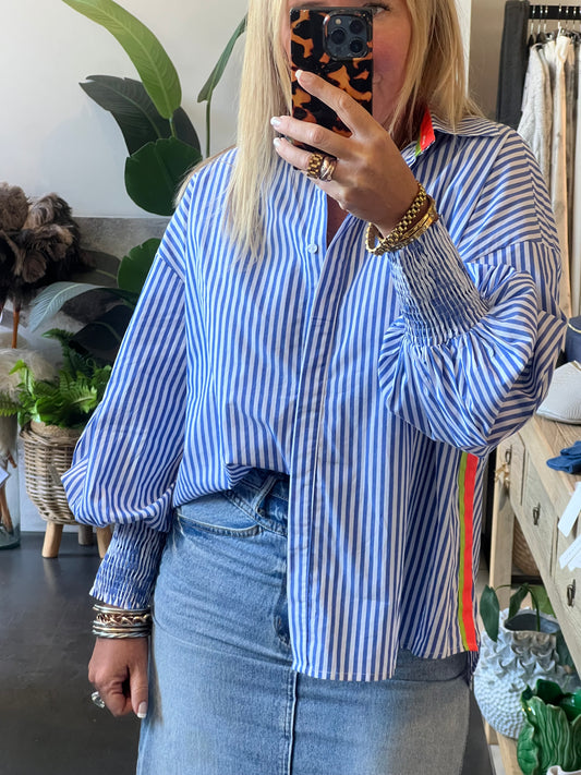 Blue & White Stripe Cotton Shirt - neon trim