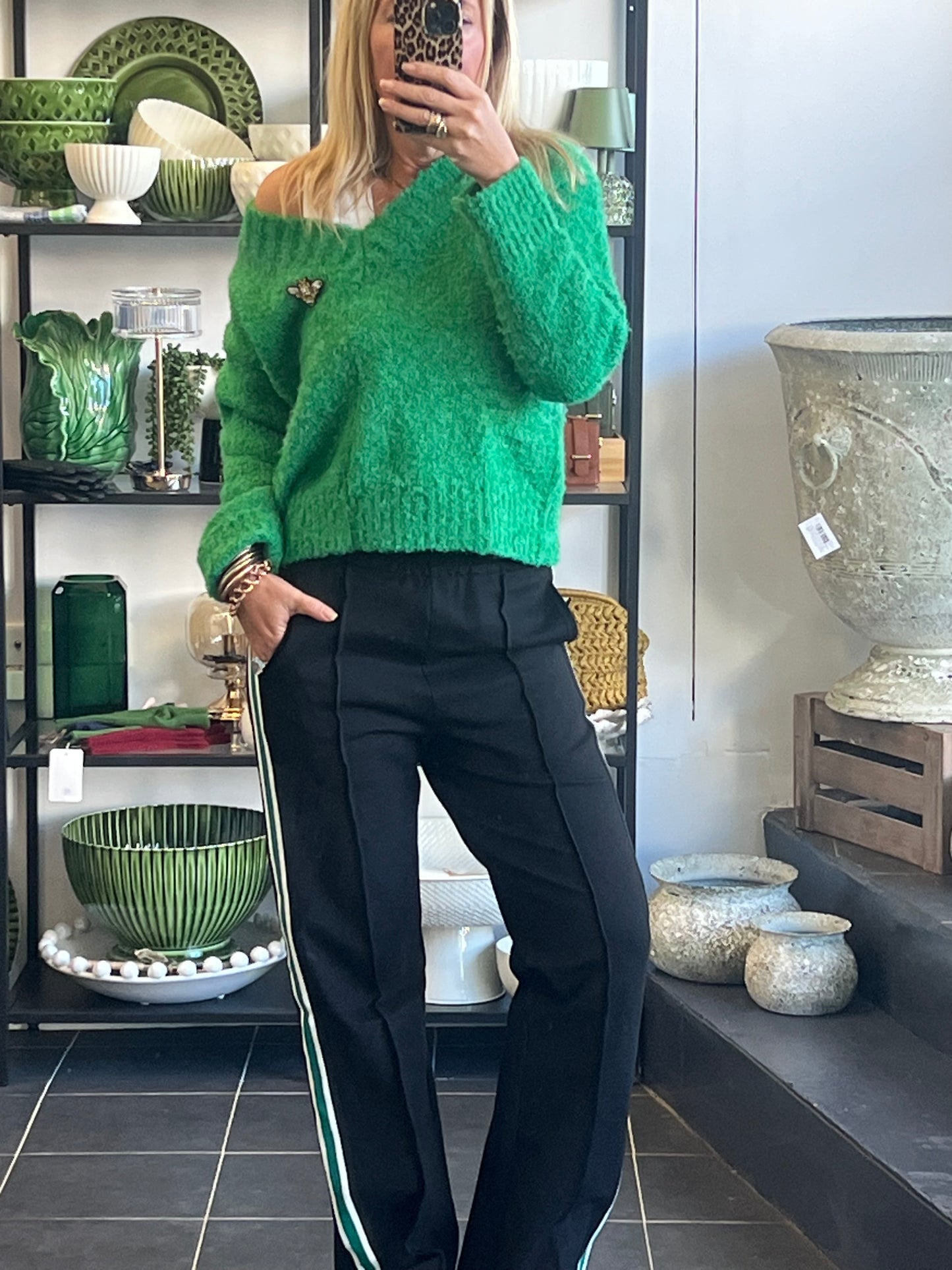 Pinstripe Ponti Pintuck Pants- green stripe