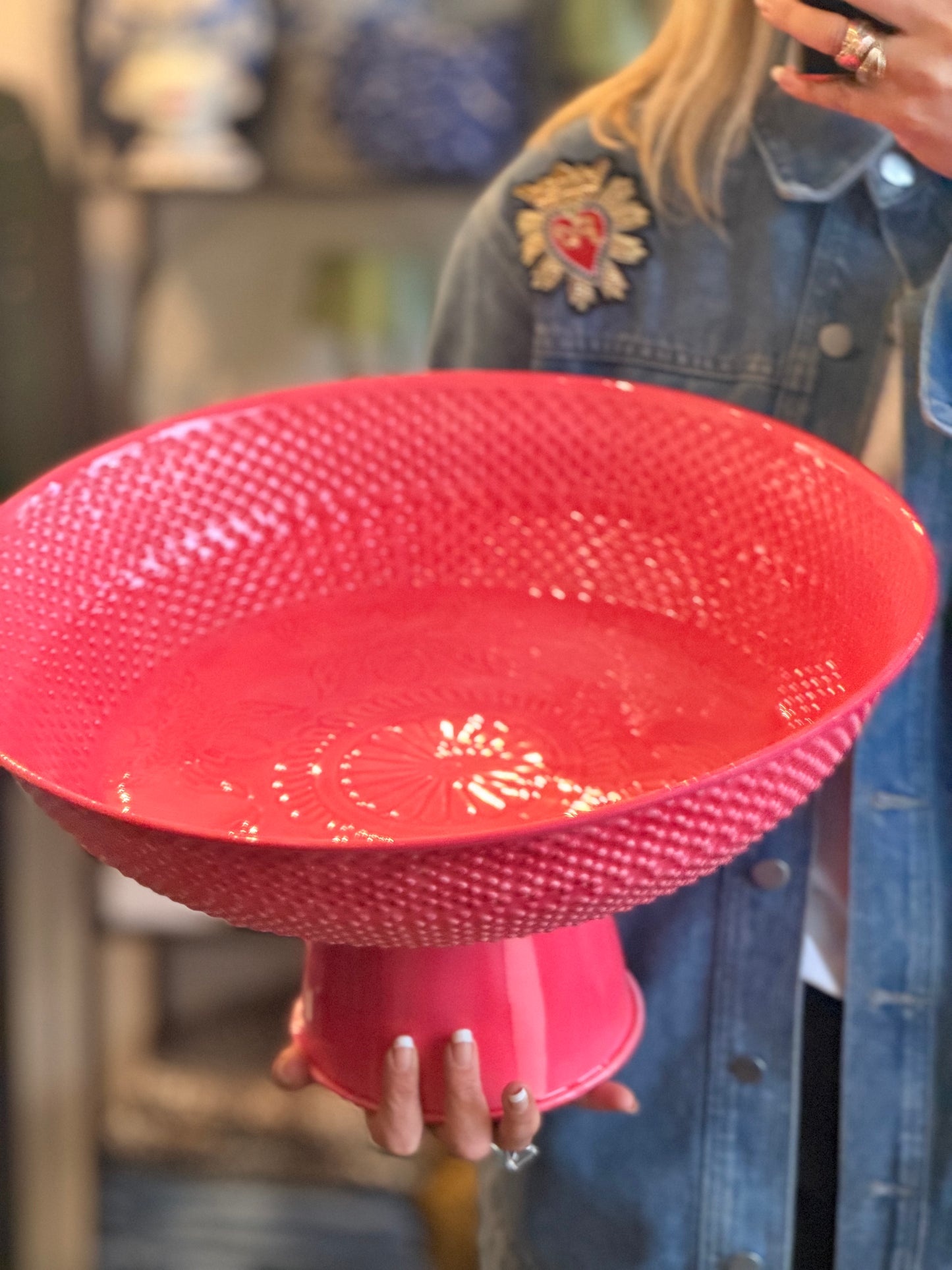 XL Footed Glazed Tin Platter- pink