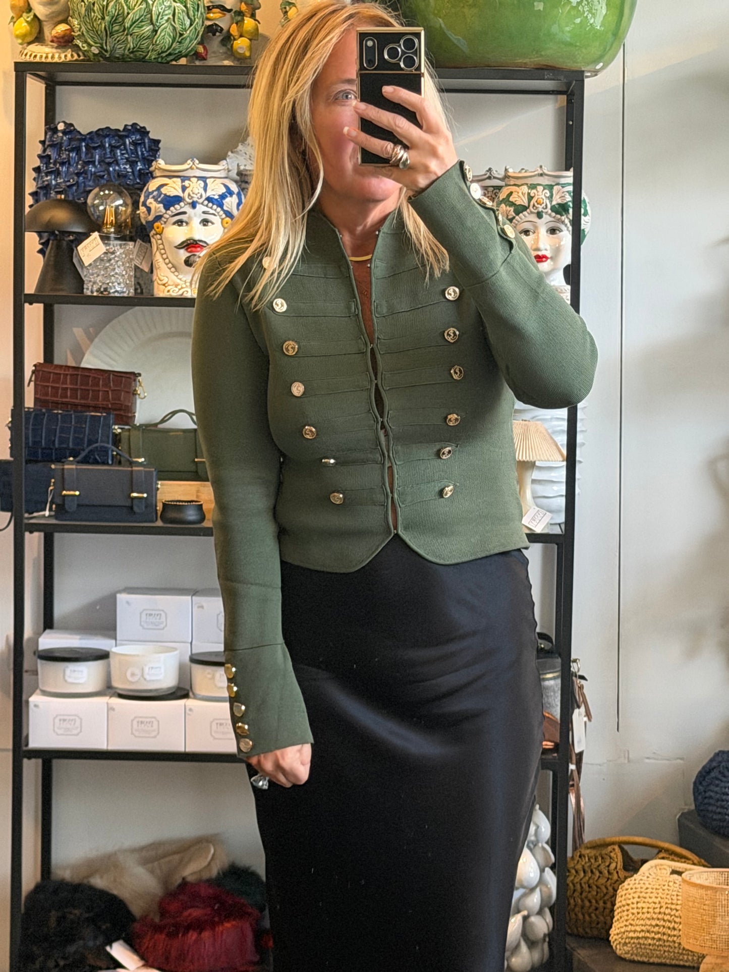 Crepe Knit Military Jacket-  khaki
