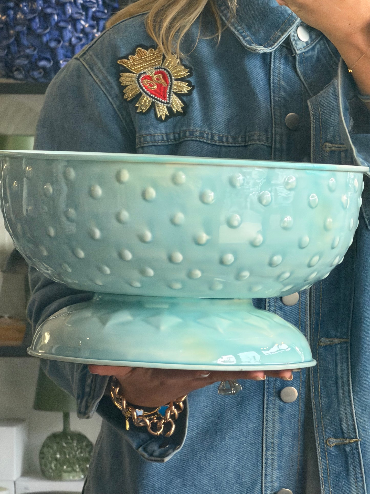 XL Footed Glazed Tin Fruit Bowl-  blue