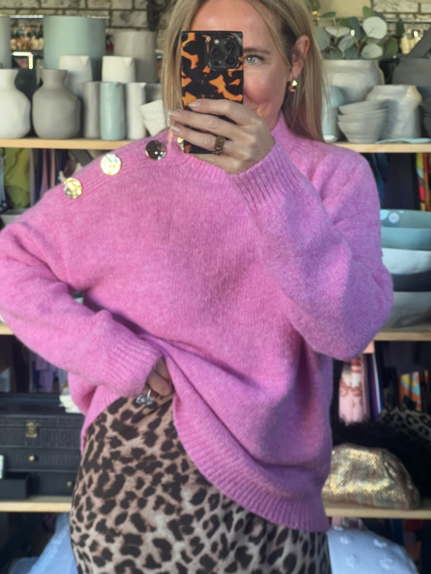 Gold Button Neck Jumper - pink