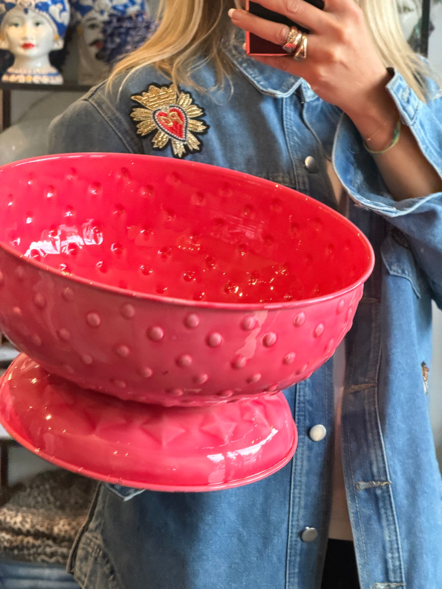 XL Footed Glazed Tin Fruit Bowl-  pink