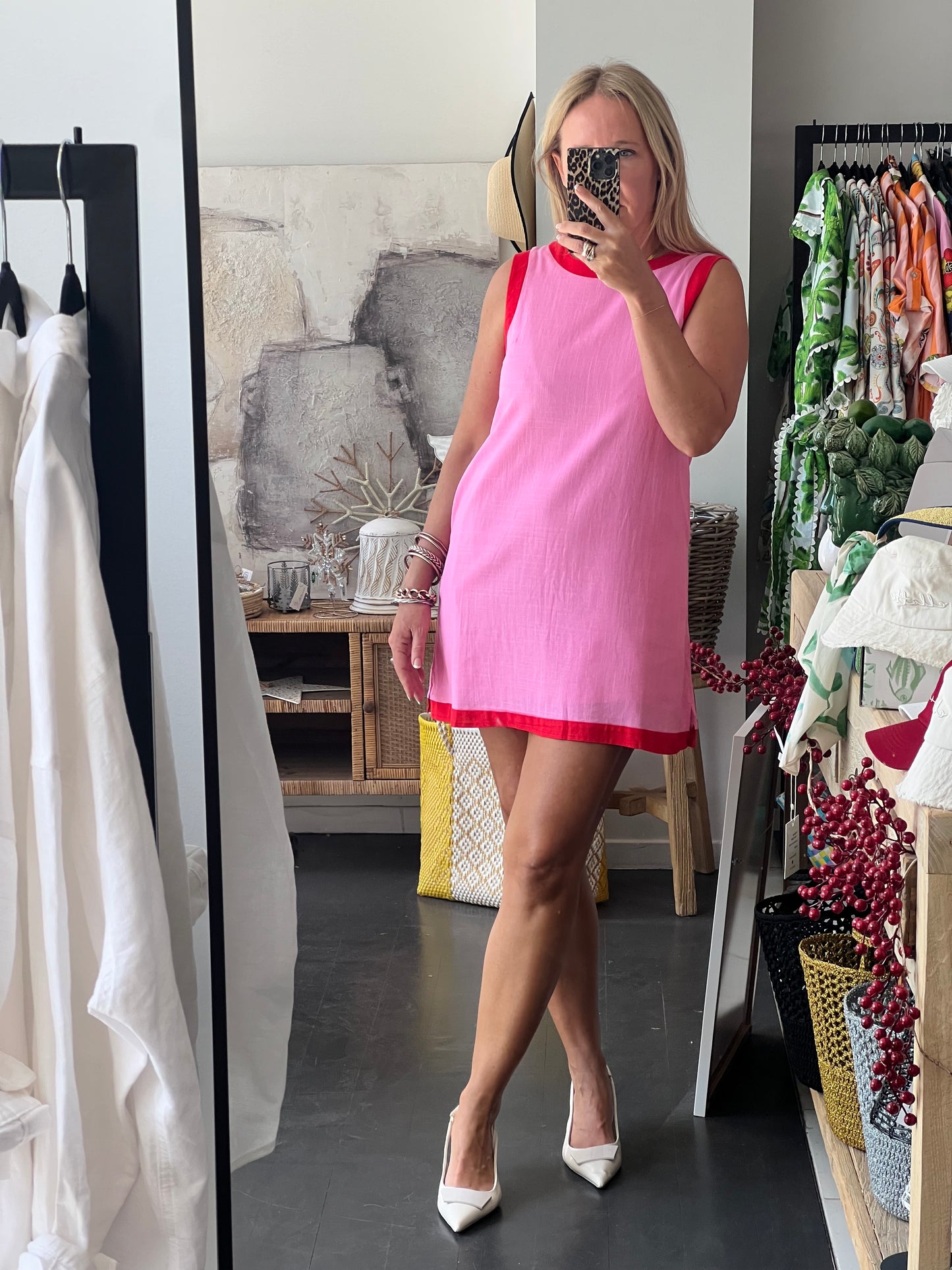 Sleeveless Shift Linen Dress - pink