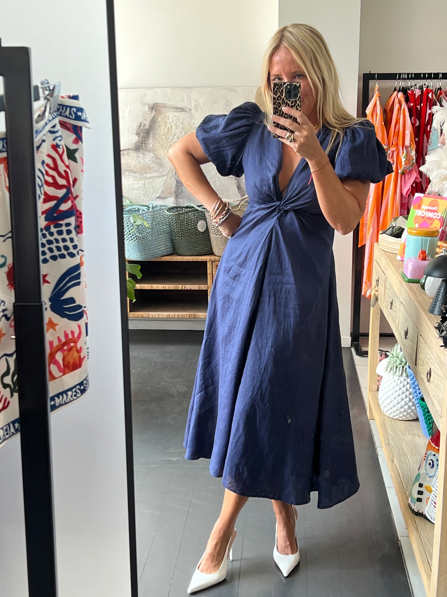 Puff Sleeve Midi Dress - navy