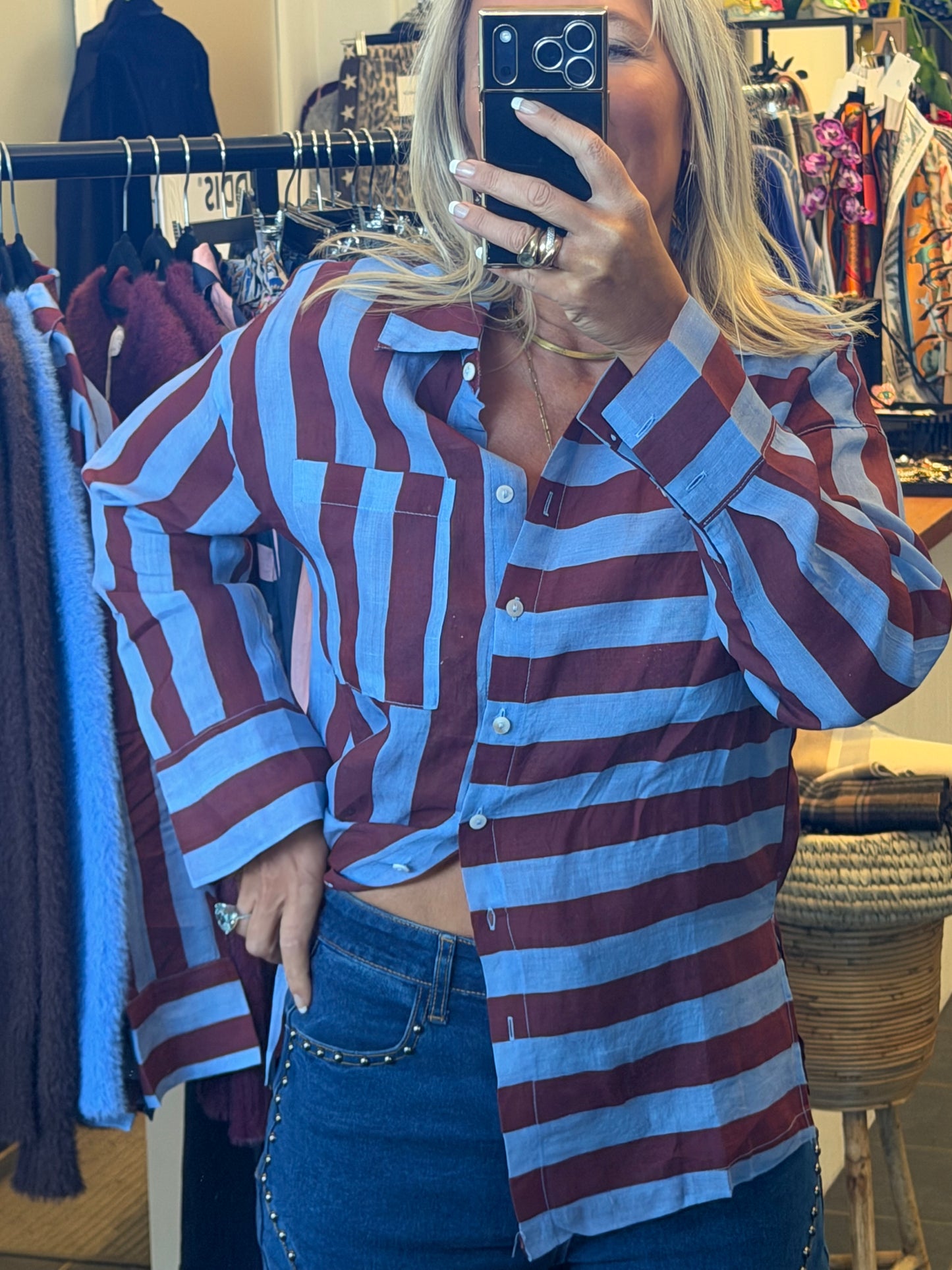 Riviera Stripe LInen Shirt - blue & berry