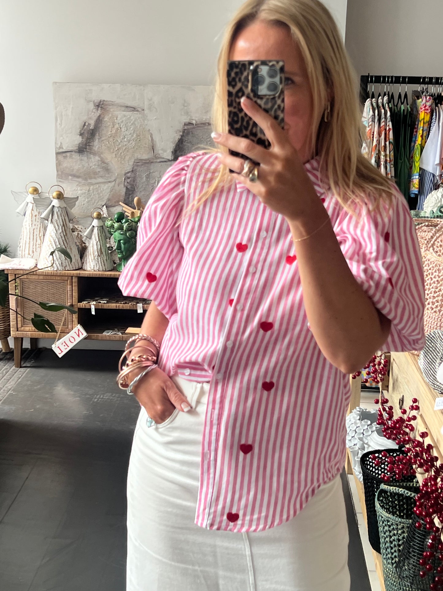 Hearts Puff Sleeve Cotton Shirt Top- pink