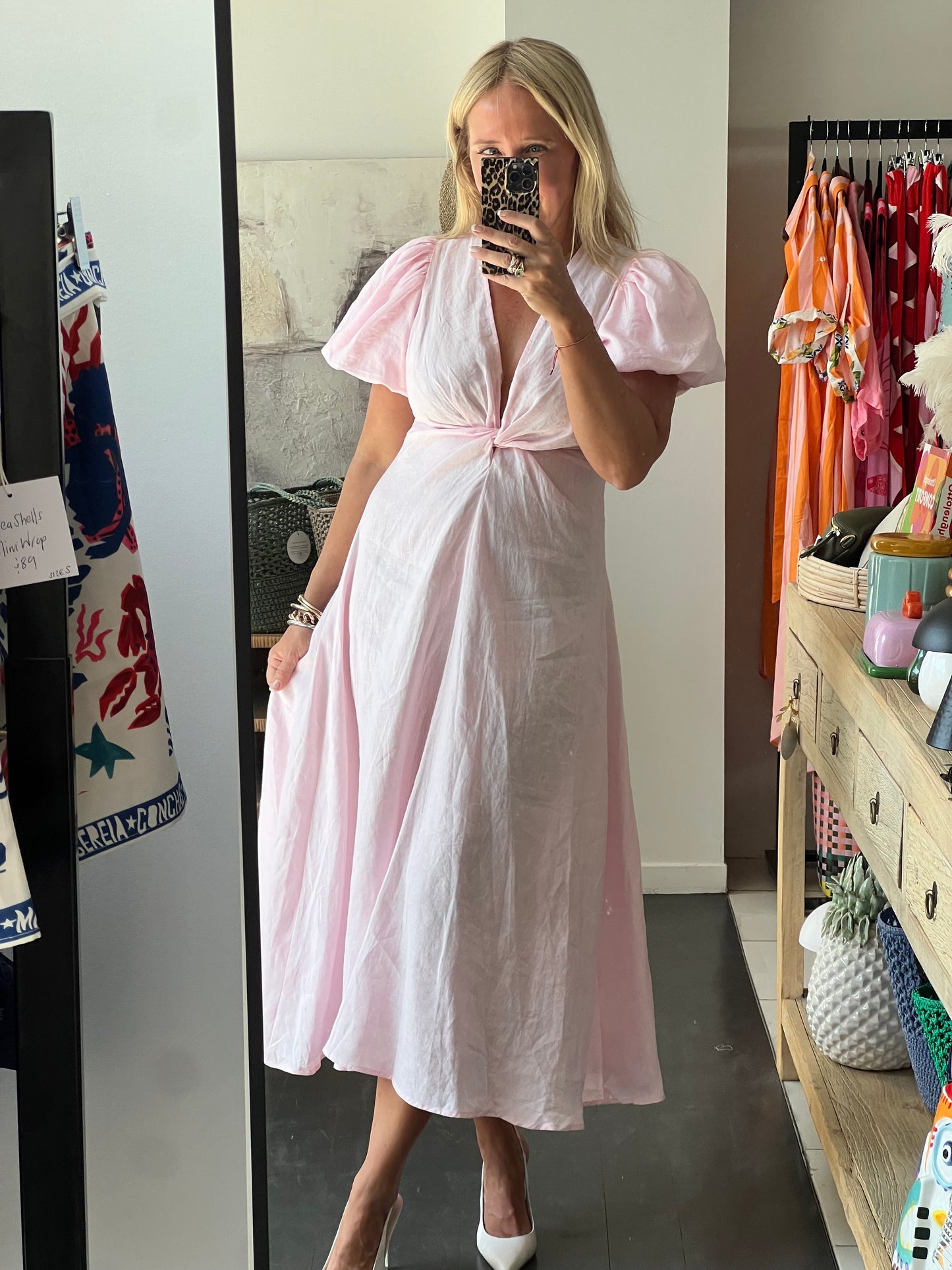 Puff Sleeve Midi Dress -pink