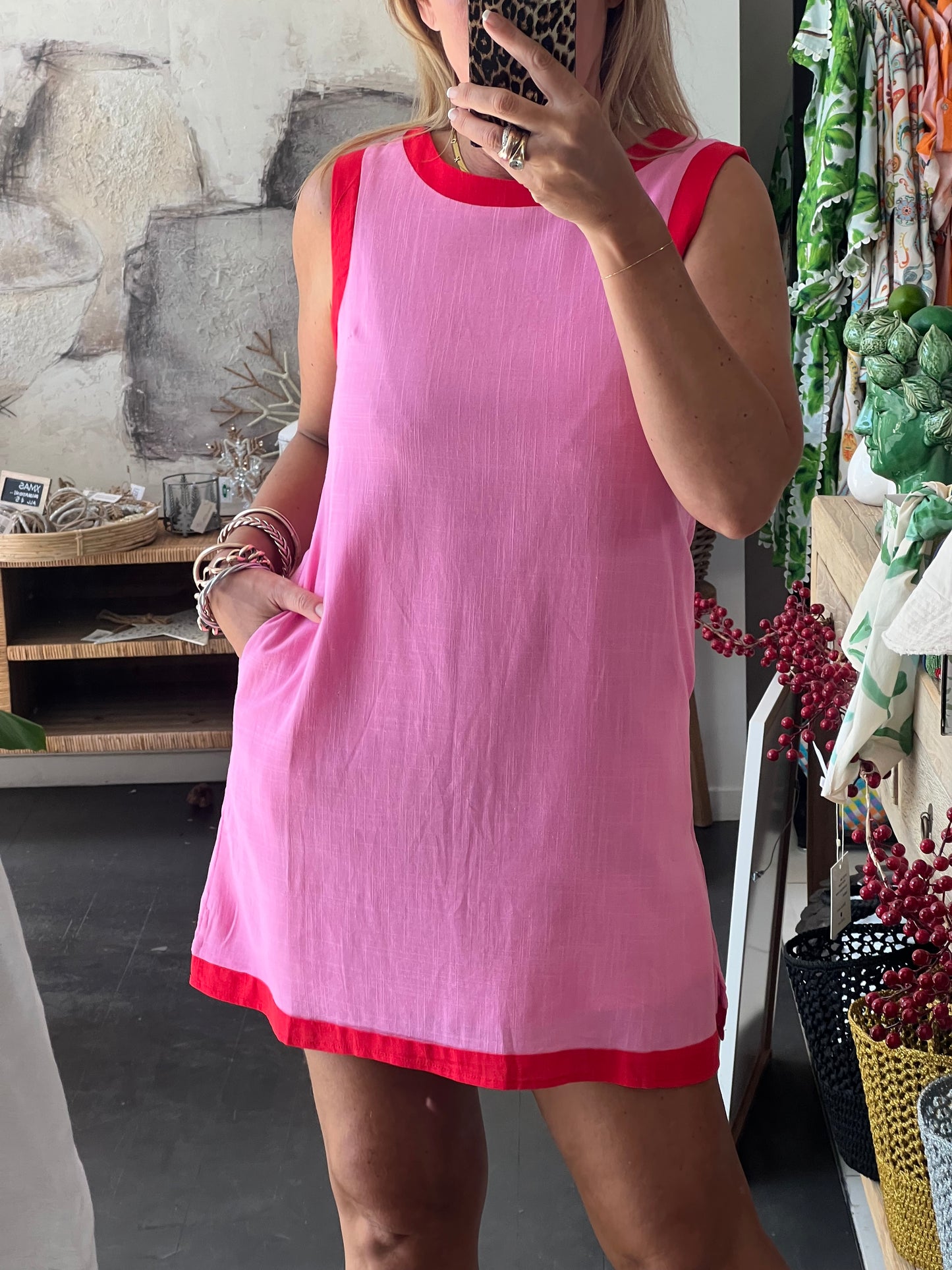 Sleeveless Shift Linen Dress - pink