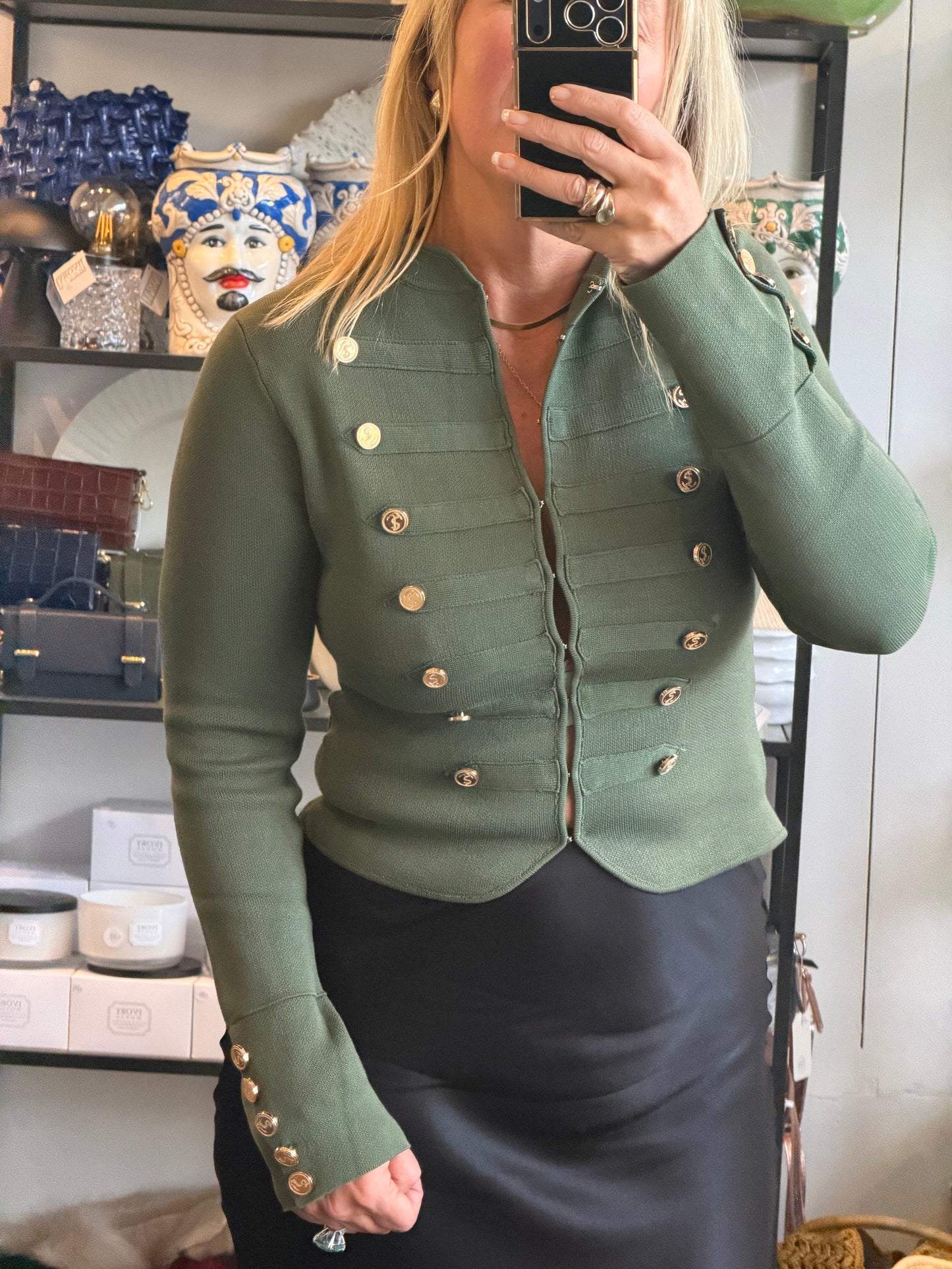 Crepe Knit Military Jacket-  khaki