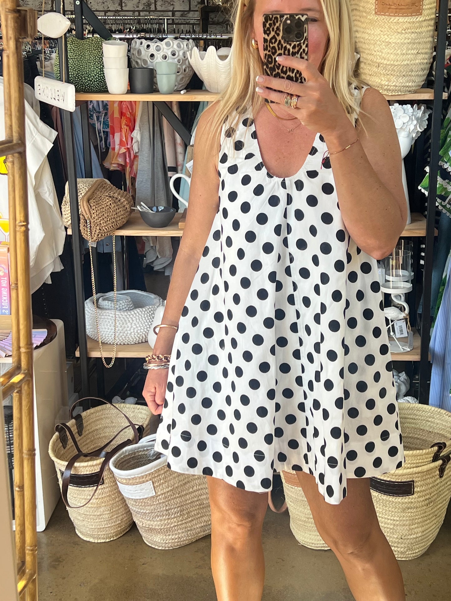 Polka Dot Sleeveless Scoop Neck Swing Shift Dress