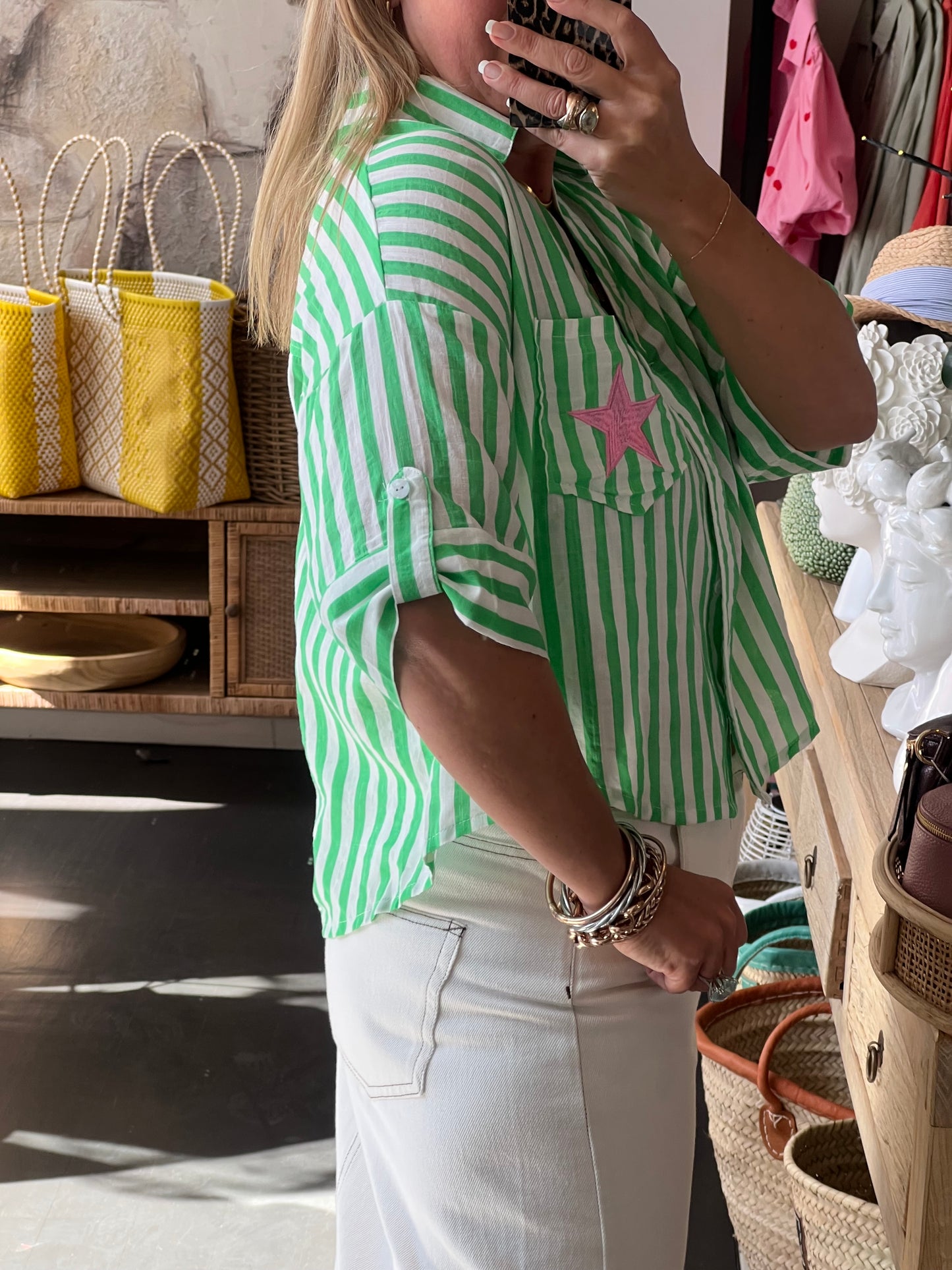 Crop Cotton Shirt Top- green