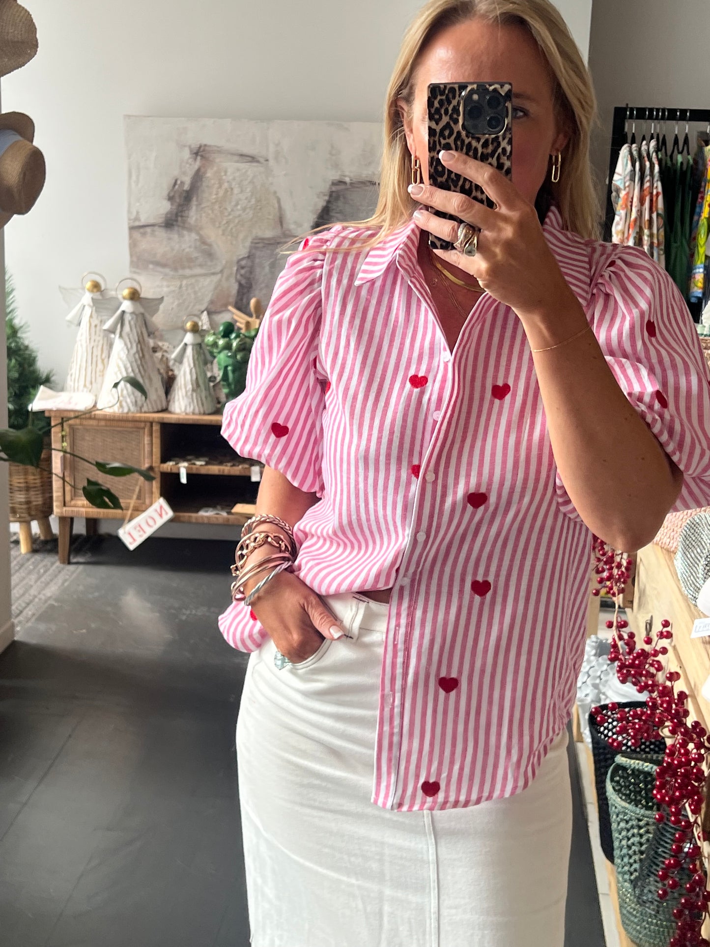 Hearts Puff Sleeve Cotton Shirt Top- pink