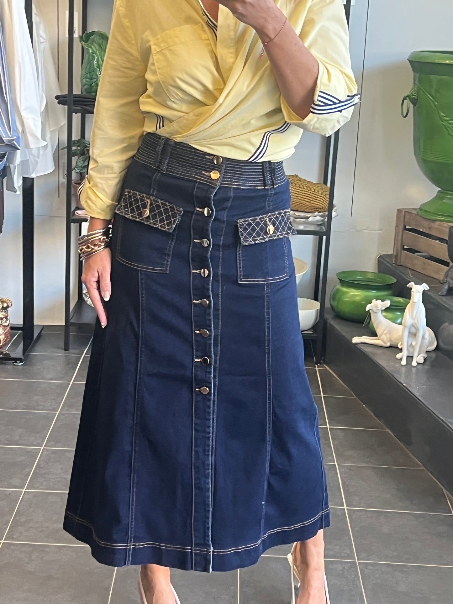 Button Indigo Denim Skirt