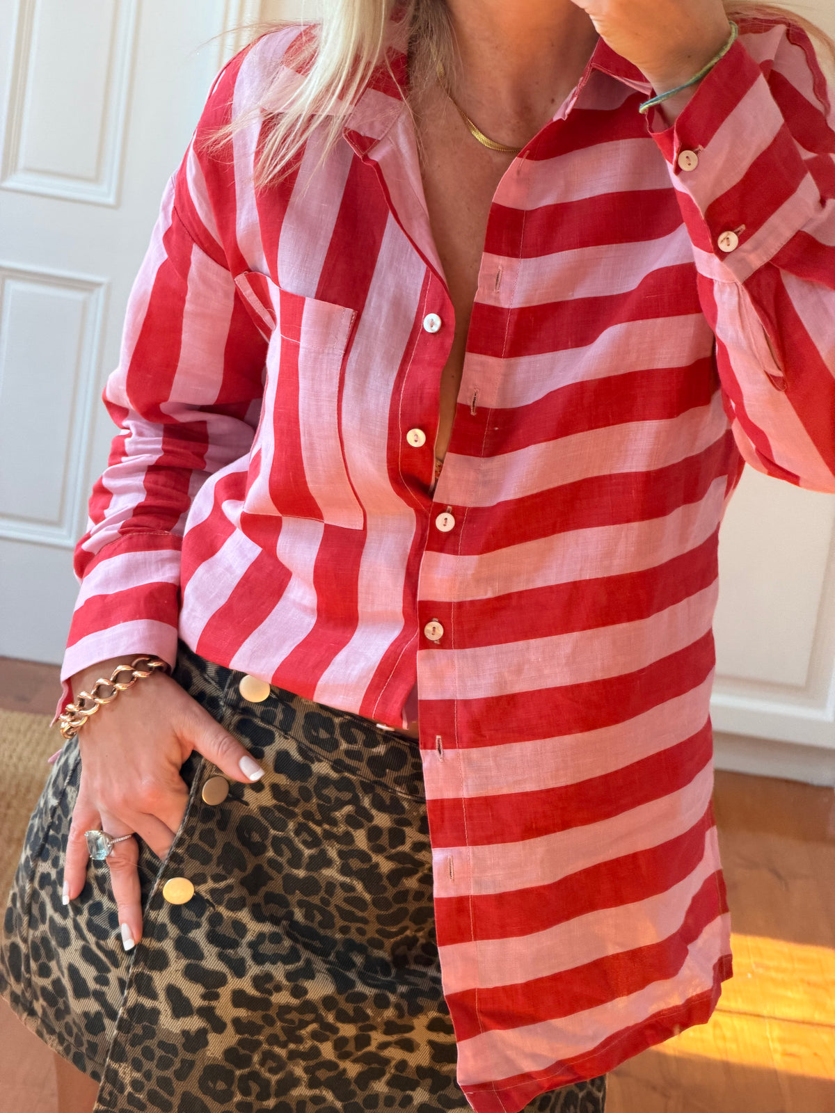 Riviera Stripe LInen Shirt - pink & red