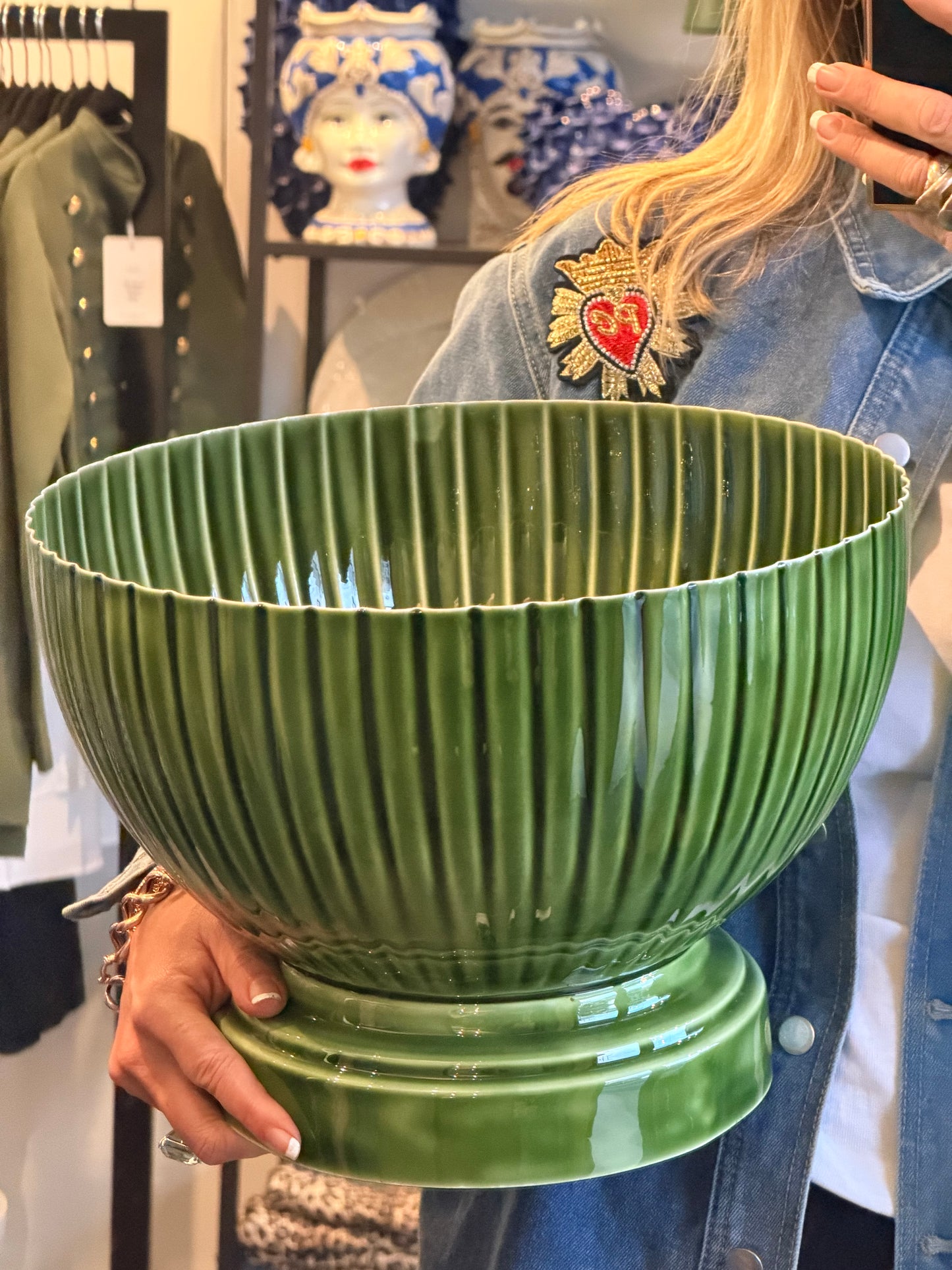 XL Footed Glazed Tin Ice Bucket- green
