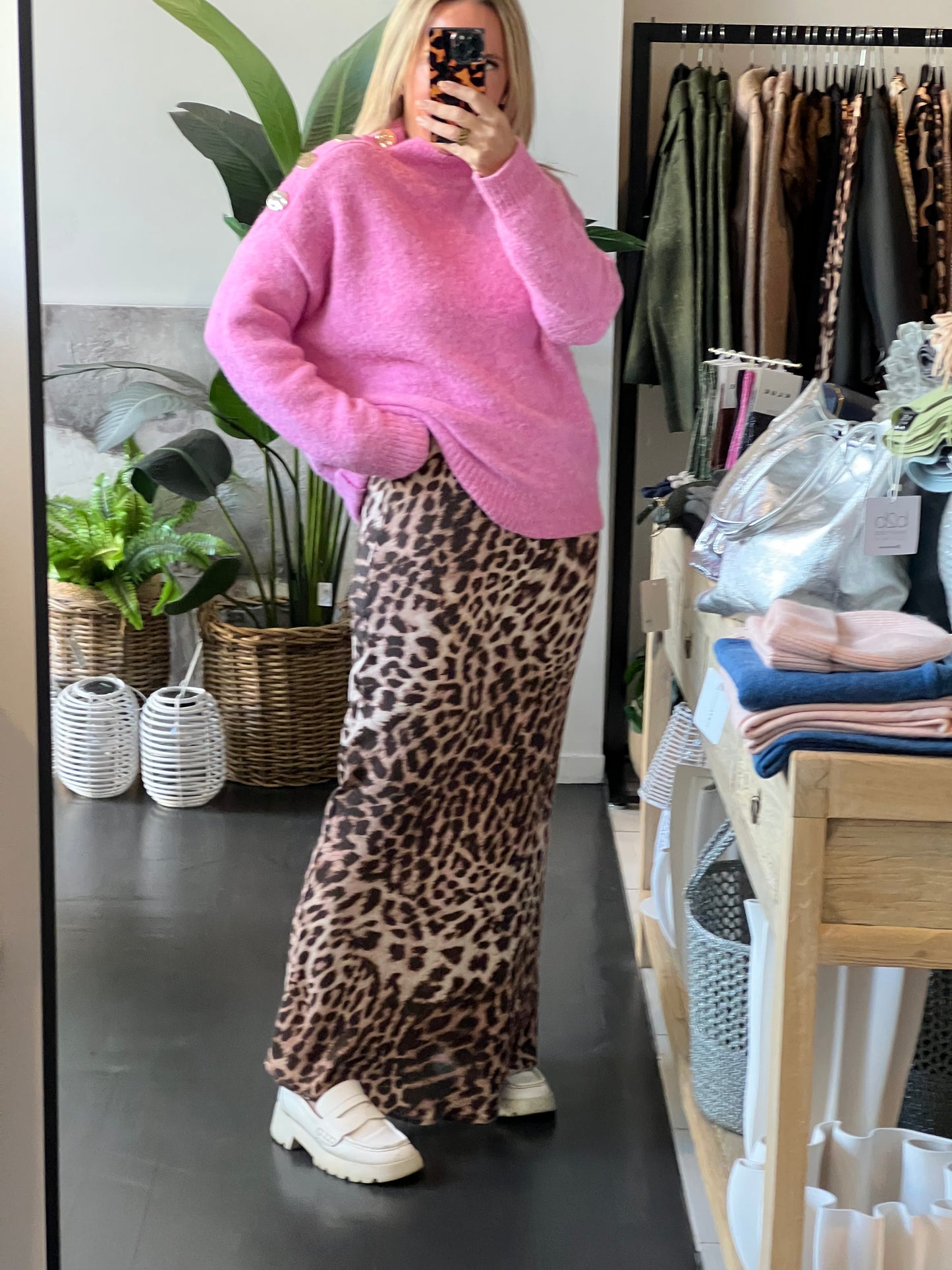 Gold Button Neck Jumper - pink