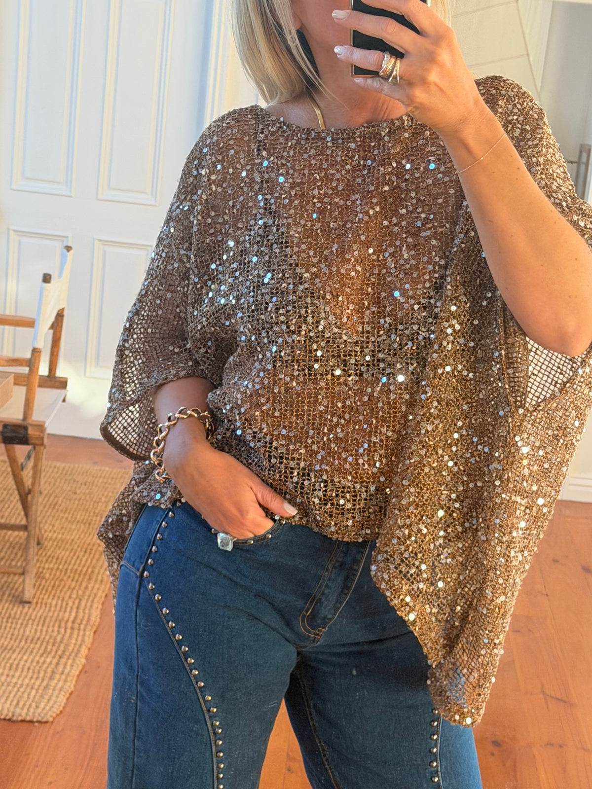 Twinkle Top - sequin khaki bronze